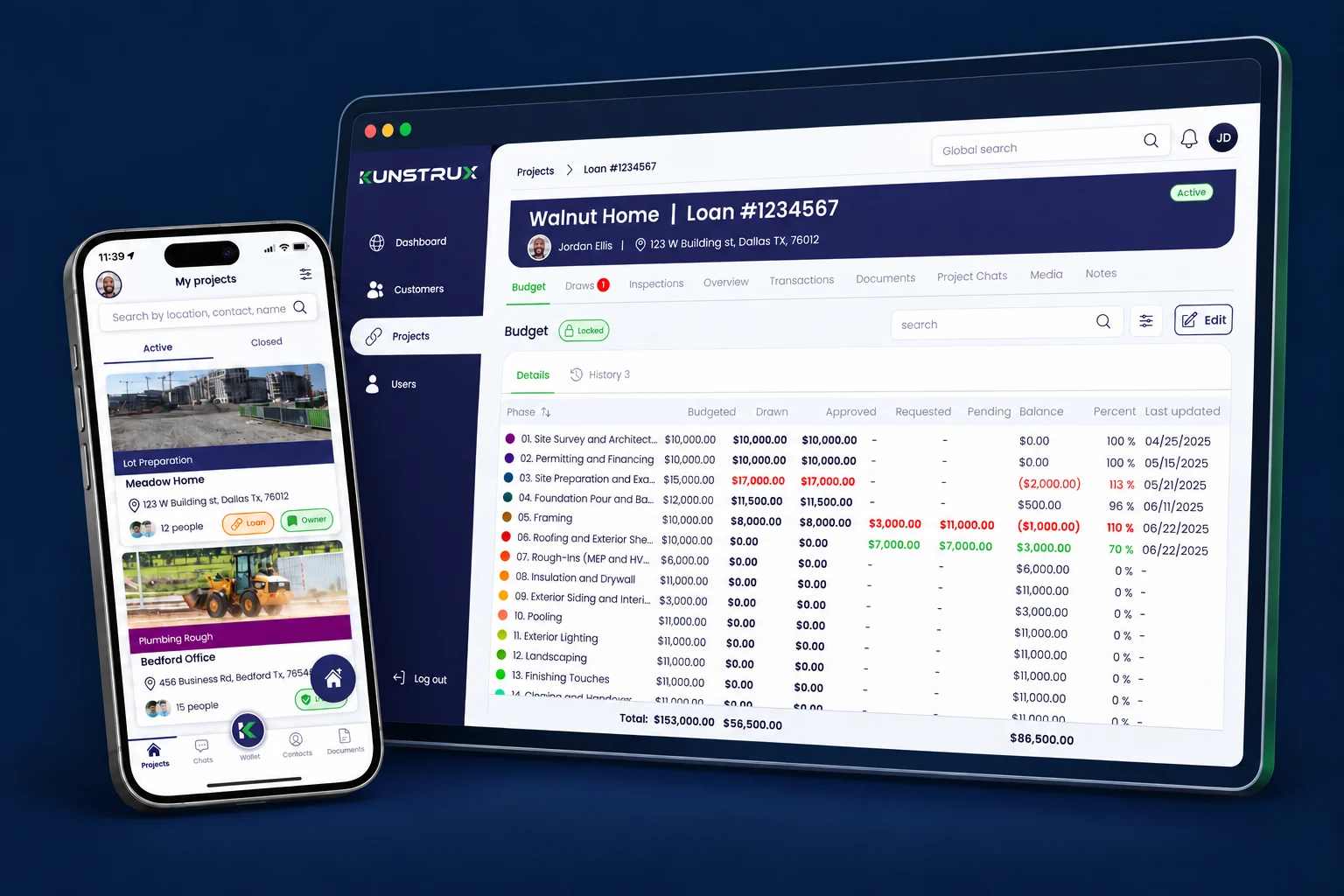 Illustration of the Kunstrux app on a phone in front of the Kunstrux Lender Portal budget view on a laptop.