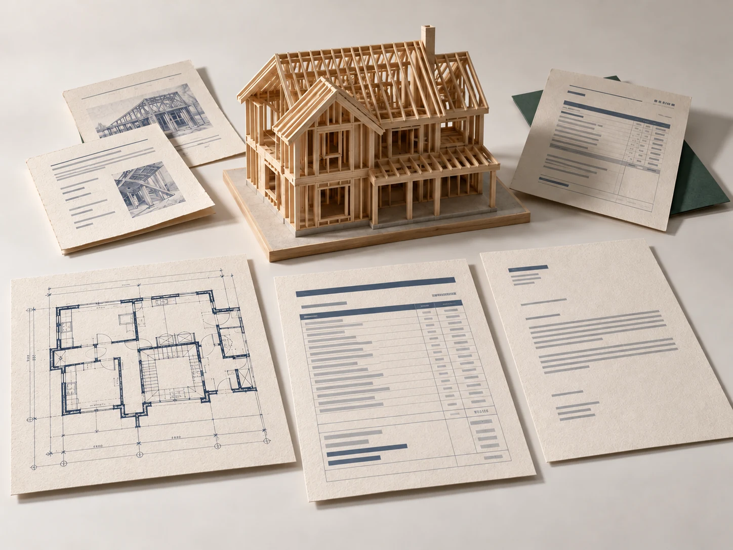 Illustration: a framed house model on a table, with its floor plan, a draw worksheet and correspondence laid out as separate papers.