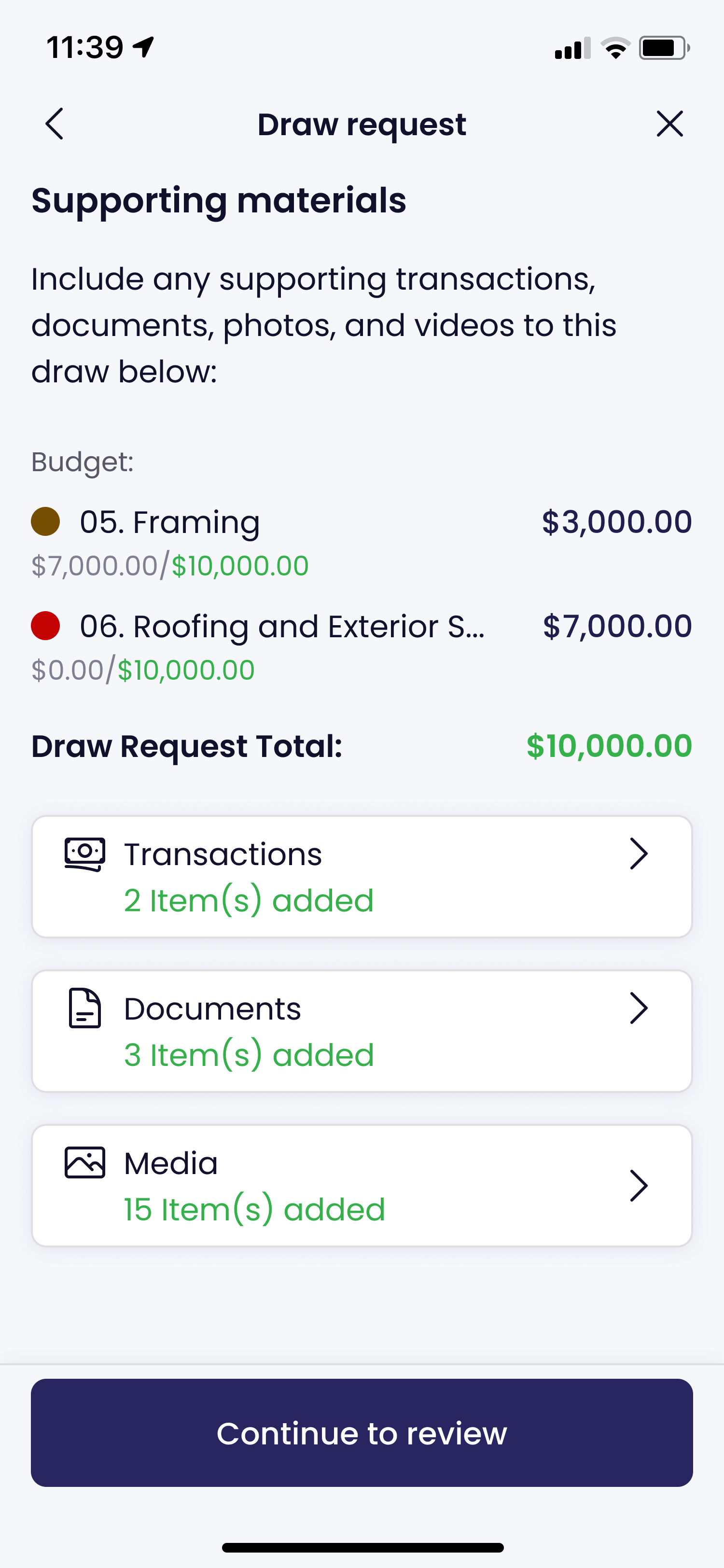 Kunstrux App Draw request screen, Supporting materials step: budget lines 05. Framing for $3,000.00 and 06. Roofing and Exterior Sheathing for $7,000.00, a draw request total of $10,000.00, and Transactions, Documents, and Media rows showing 2, 3, and 15 items added, above a Continue to review button.