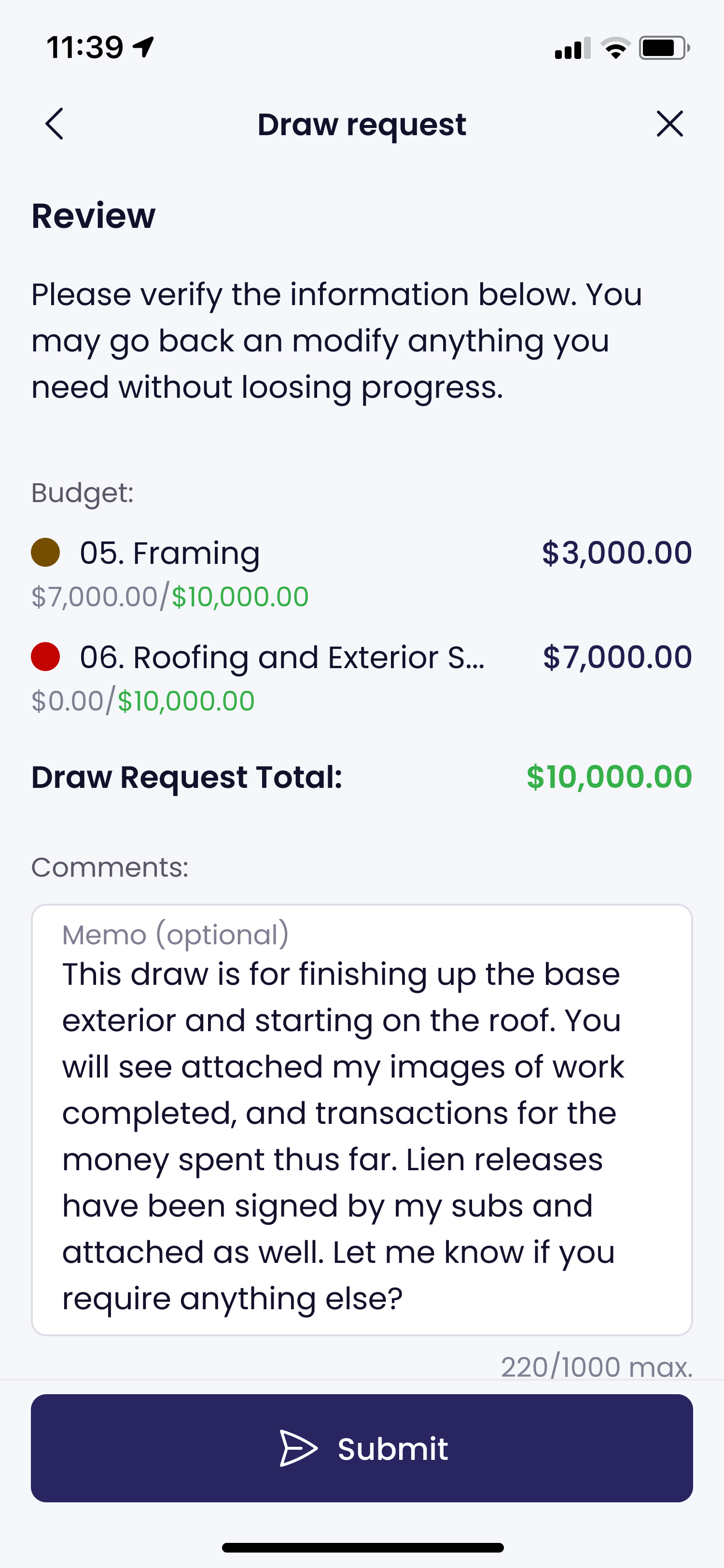 Kunstrux App Draw request screen, Review step: the two budget lines and the $10,000.00 draw request total, an optional memo describing the work and the attached photos, transactions, and lien releases, and a Submit button.