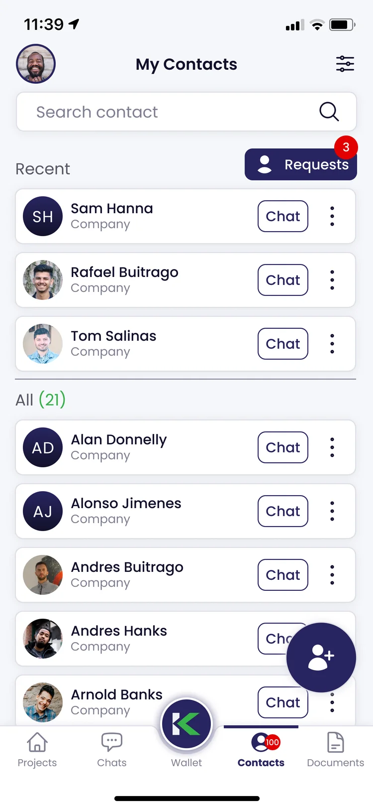 Kunstrux App, My Contacts view: recent and all contacts with chat actions and an add-contact control (design shown with sample data).