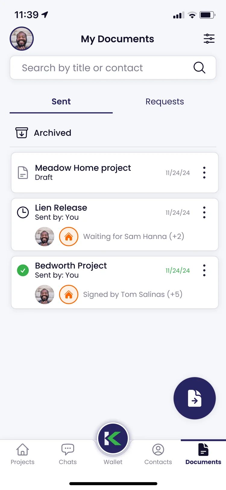Kunstrux App, My Documents view with the Sent list: draft, waiting and signed document rows (design shown with sample data).