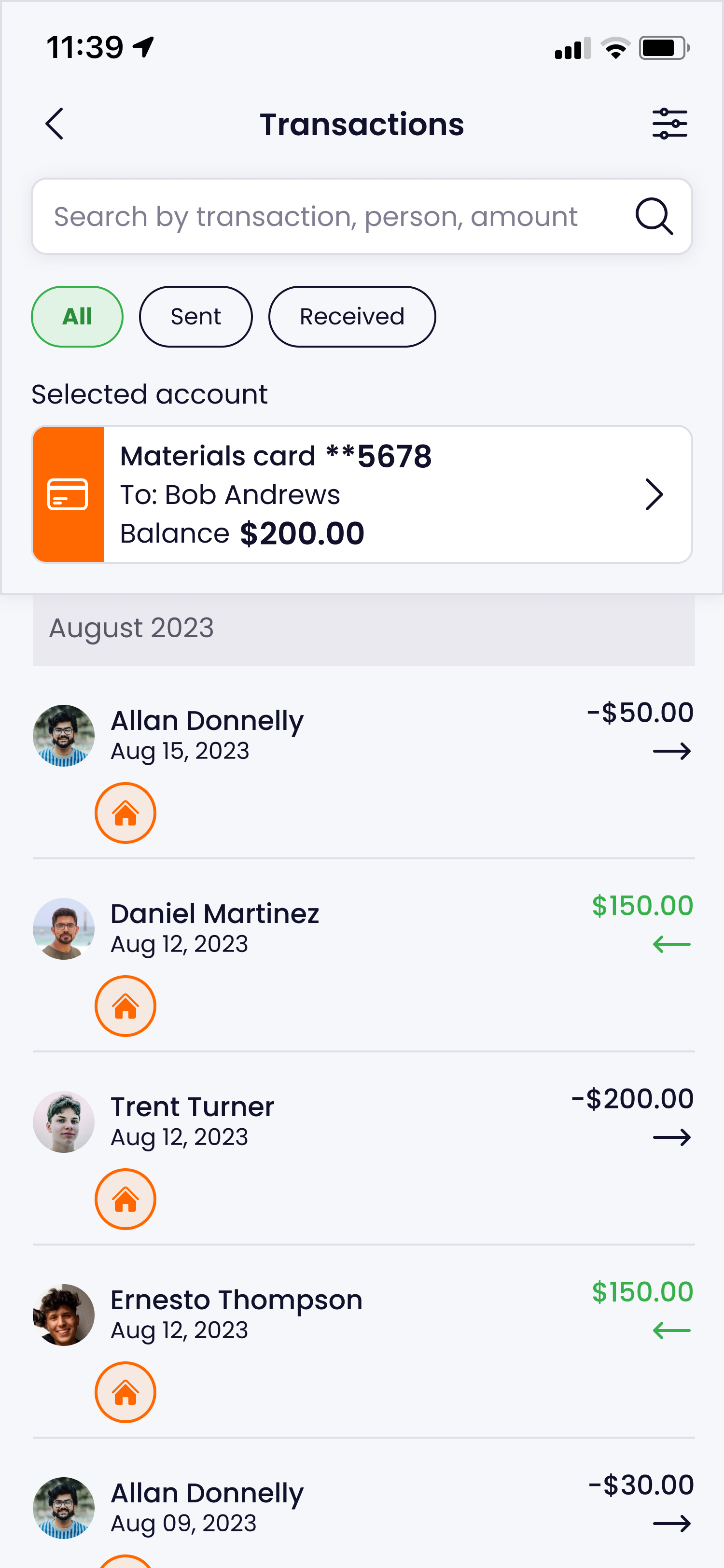 Kunstrux App transaction-history design example for a selected Materials Card. All, Sent and Received filters and sample incoming and outgoing amounts are shown. Current UI and builder-role access are unverified.