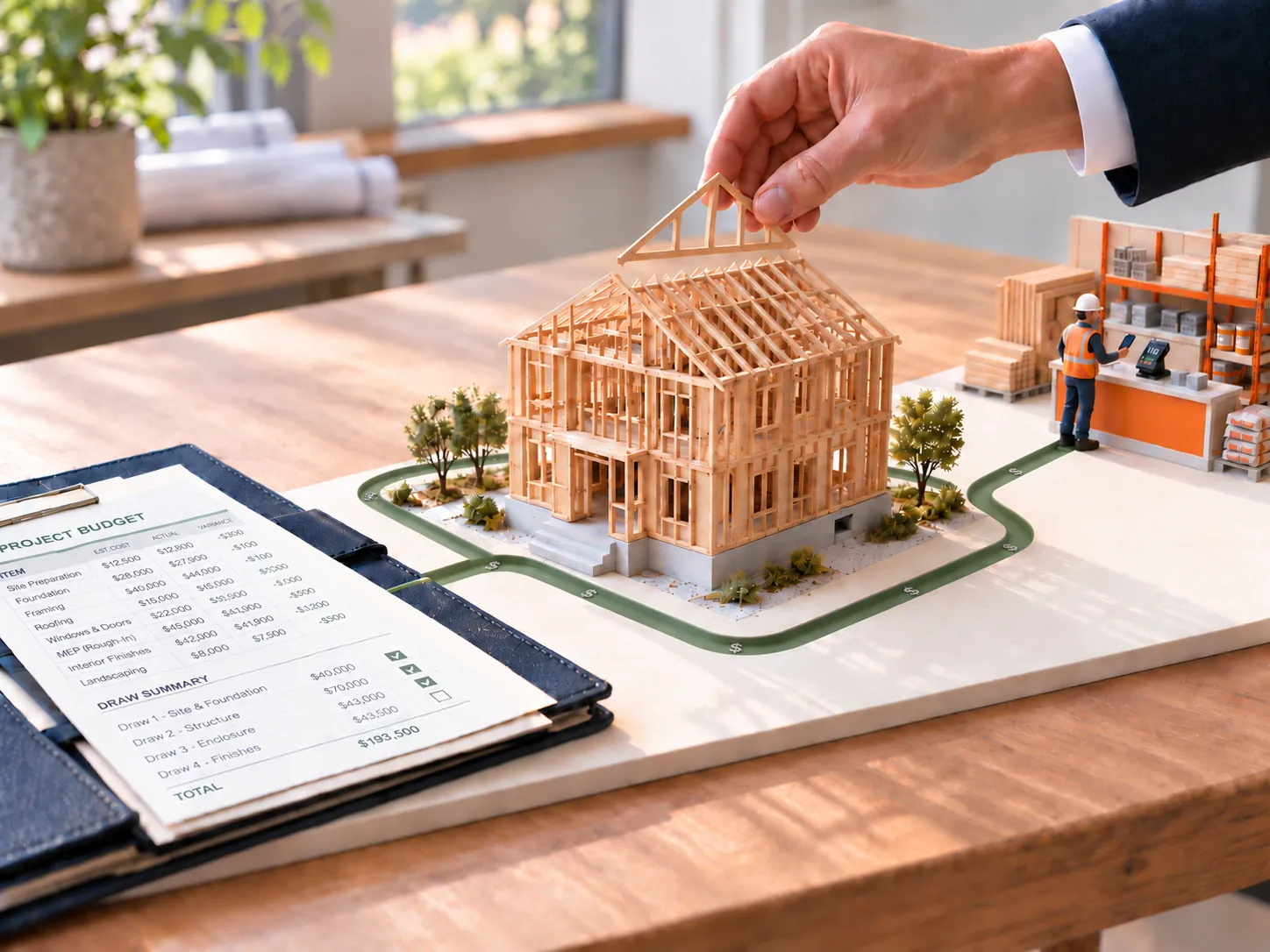 Conceptual architectural model connecting a project budget, construction work and a materials-store checkout.