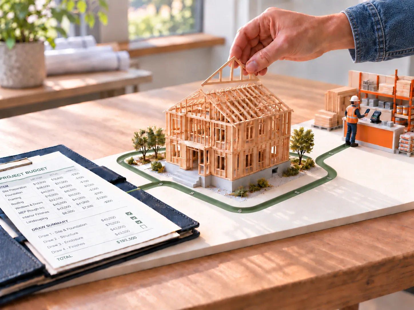 Conceptual architectural model connecting a project budget, construction work and a materials-store checkout.