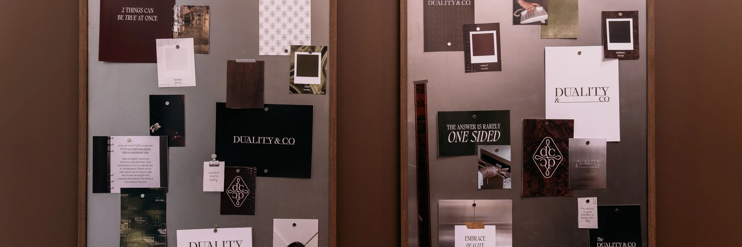 Two moodboards of Duality & Co. brand work, including "The answer is rarely one sided."