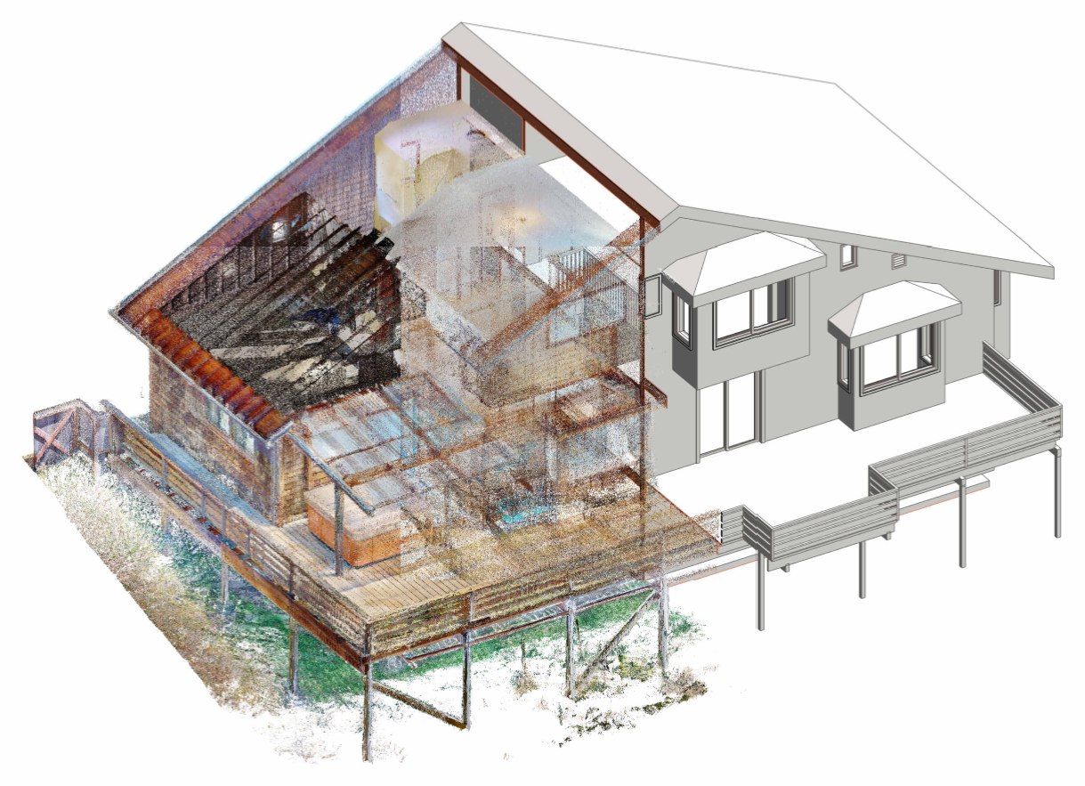 An axonometric view of a house, half shown as the raw colour point cloud captured by the laser scan and half as the finished grey 3D model drawn from it, with decks, railings and porch
