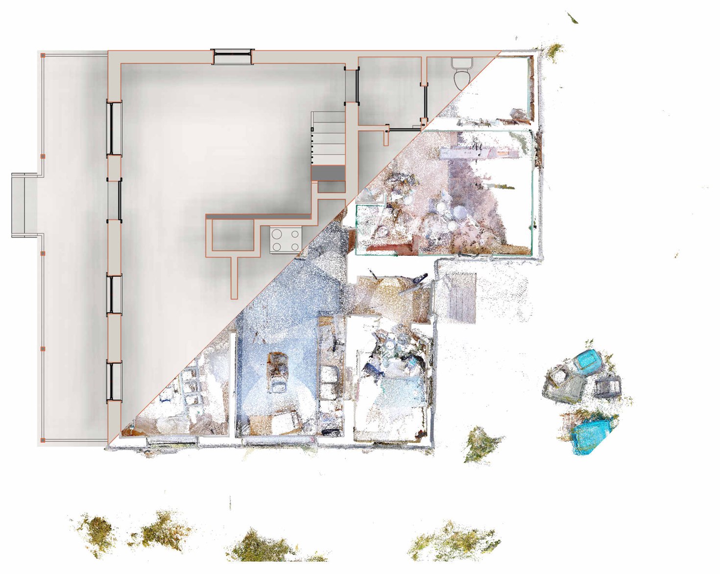 A measured floor plan of a house drawn in terracotta linework on one side of a diagonal, resolving into the raw colour point cloud of the same rooms on the other