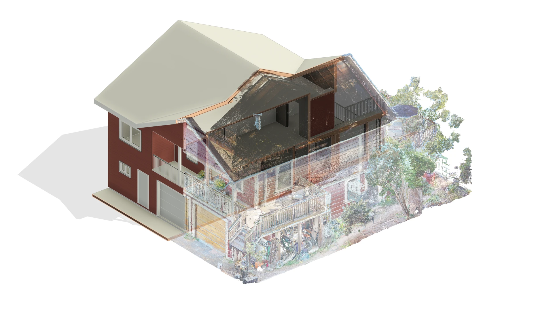 An axonometric view of a two-storey house, half finished 3D model in red and cream and half raw laser scan point cloud, showing its deck, garage and the trees around it