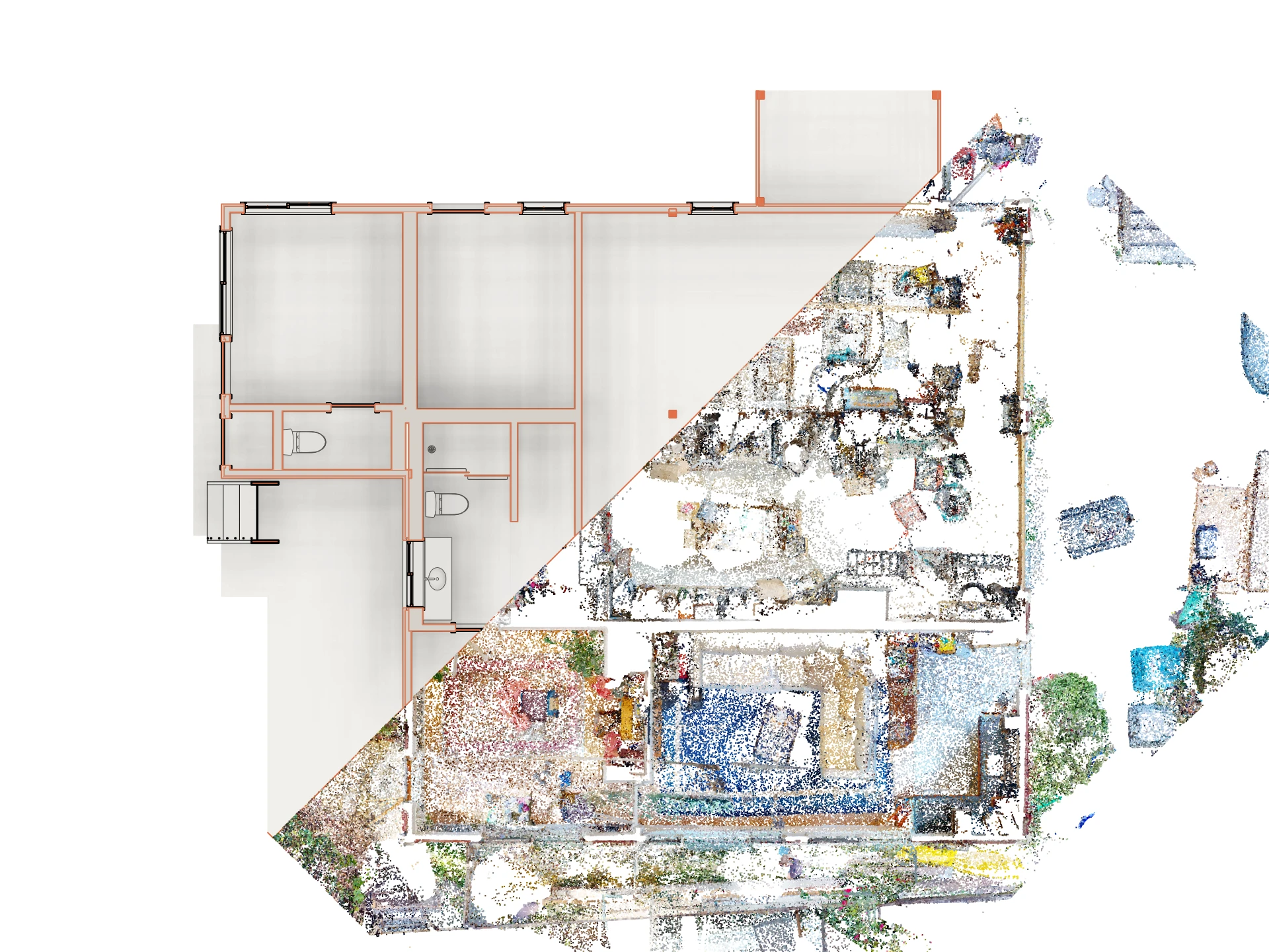 A measured floor plan of a house in terracotta linework, splitting diagonally into the dense colour point cloud of the same rooms captured by the laser scan