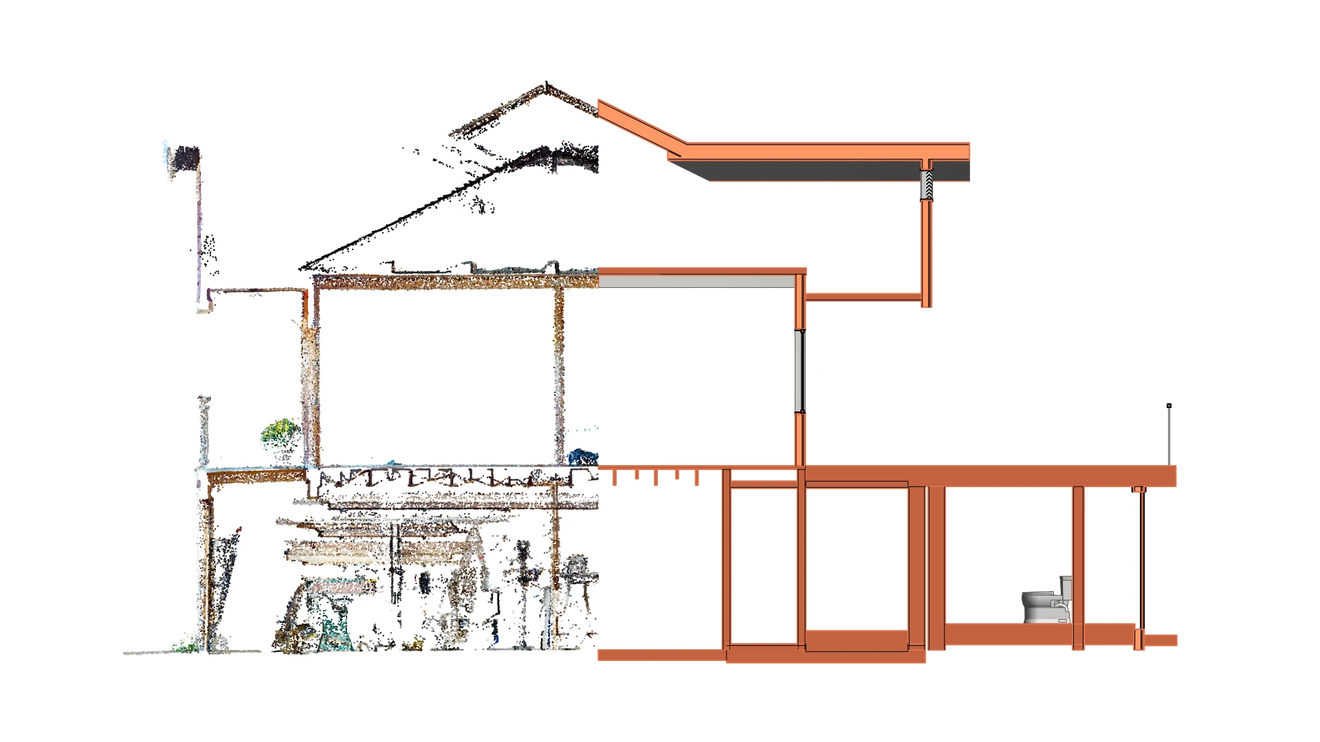 A measured building section through a house in terracotta linework, cut to show floor levels, roof pitch and structure, with raw laser scan detail visible in the room at the left