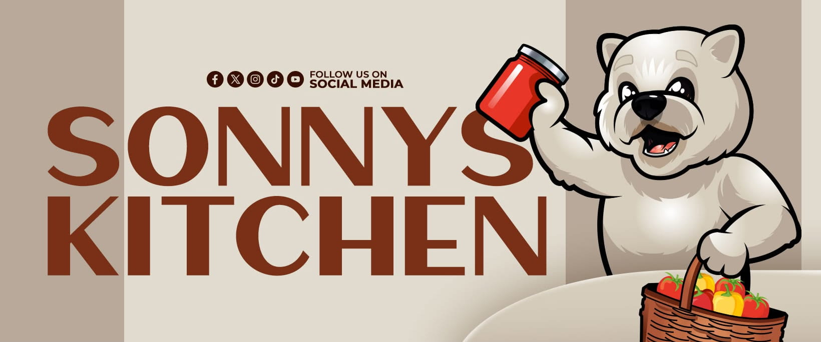 Sonny’s Kitchen banner with a cartoon white dog holding a red jar and a basket of produce.