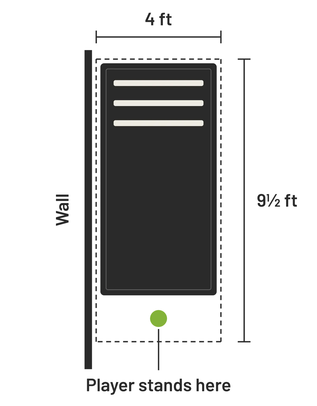 Vortex468 floor-space diagram showing a 4-foot by 9.5-foot footprint with the player standing at one end