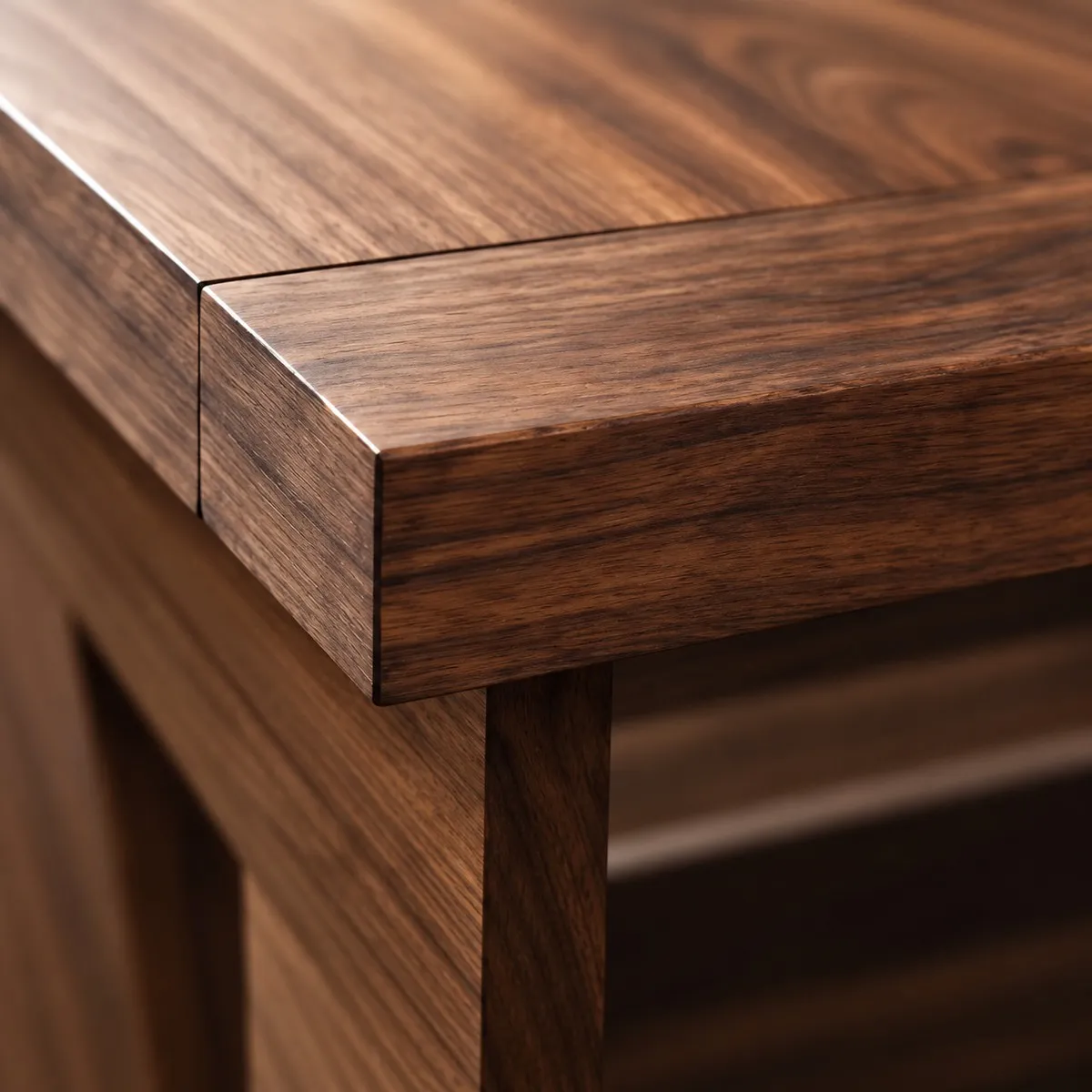 Close-up of the solid walnut corner of a Vortex468 game table