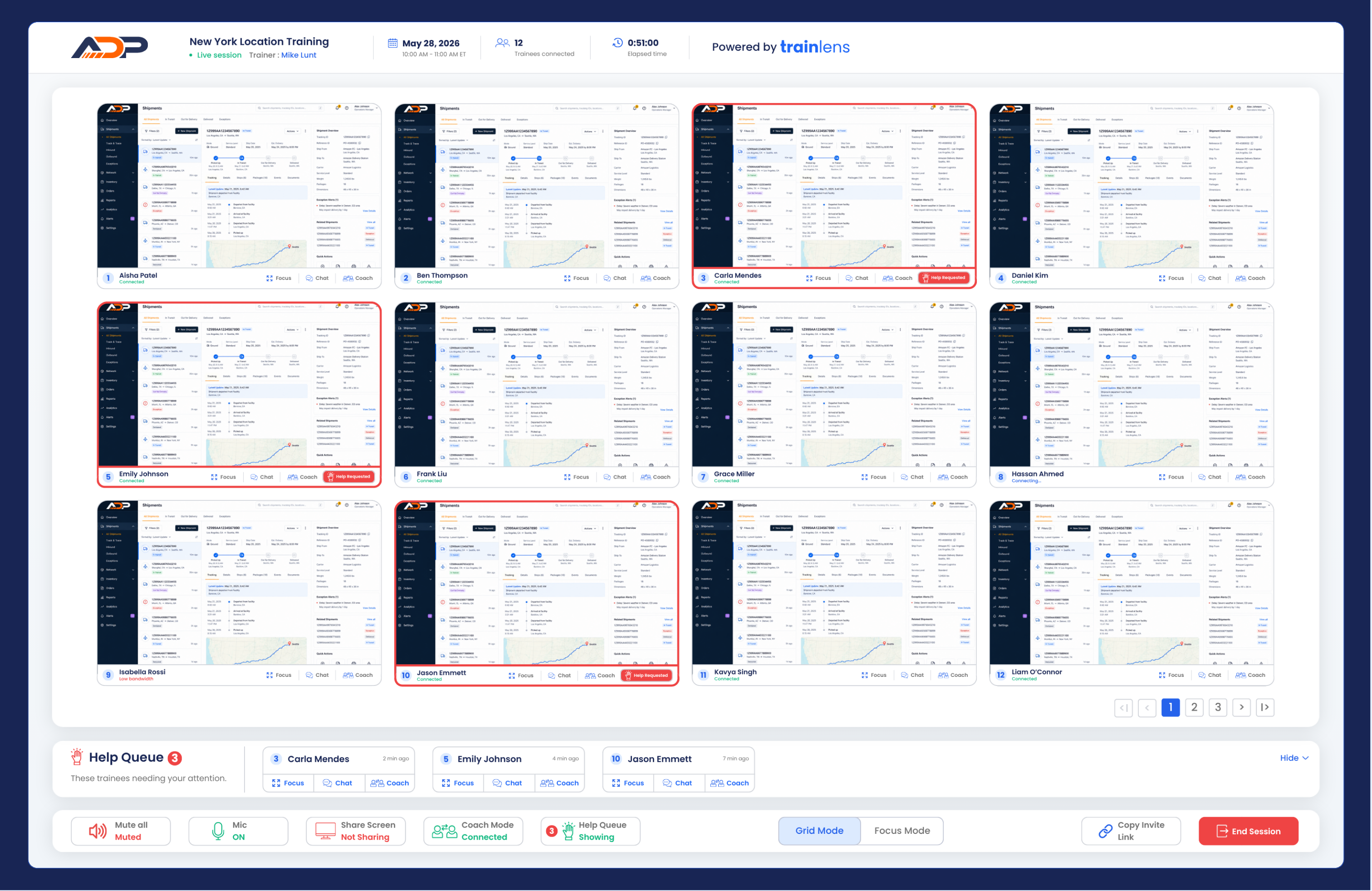 Train Lens Grid mode showing a trainee help-request indicator