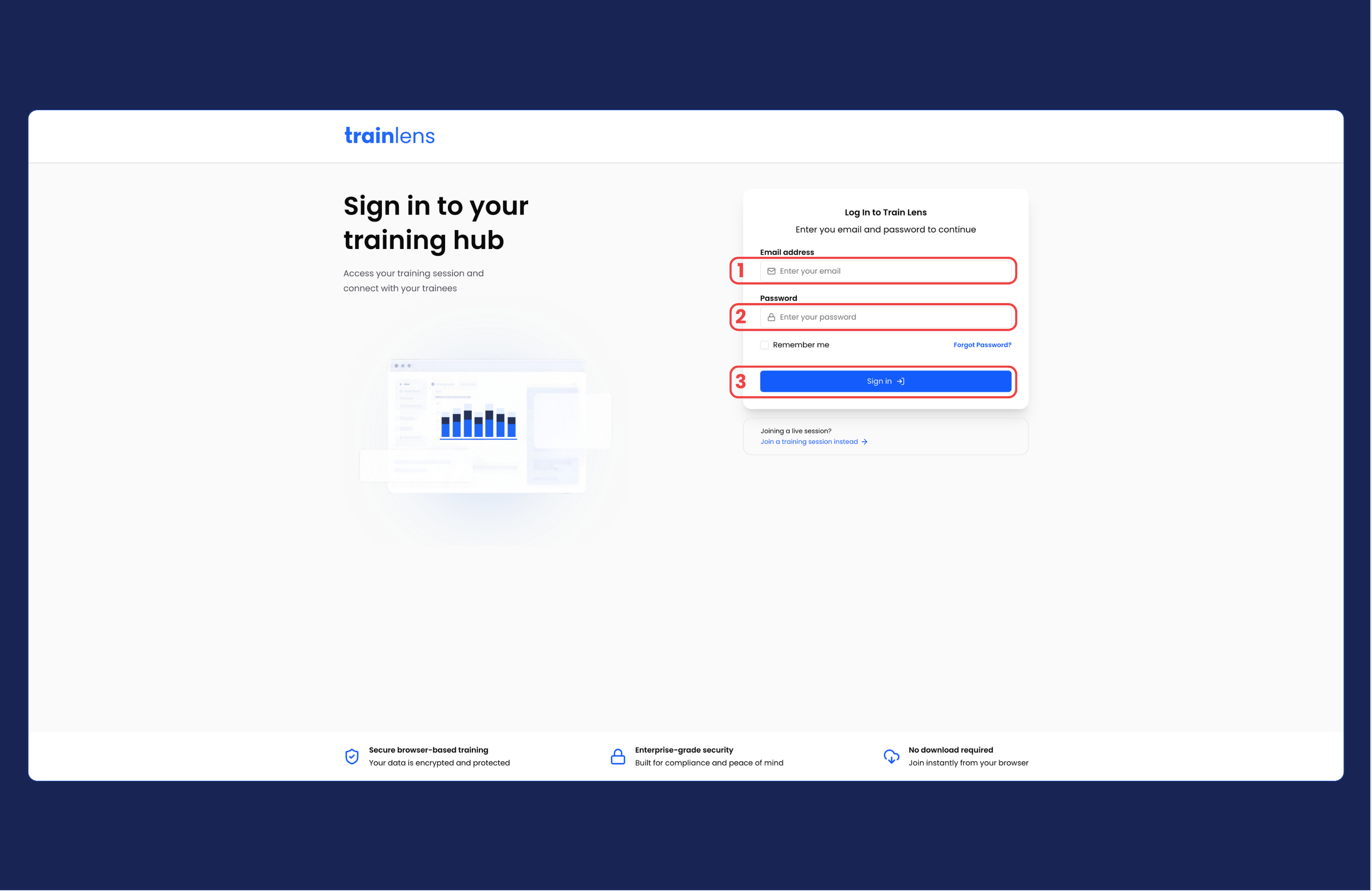 Train Lens trainer sign-in screen