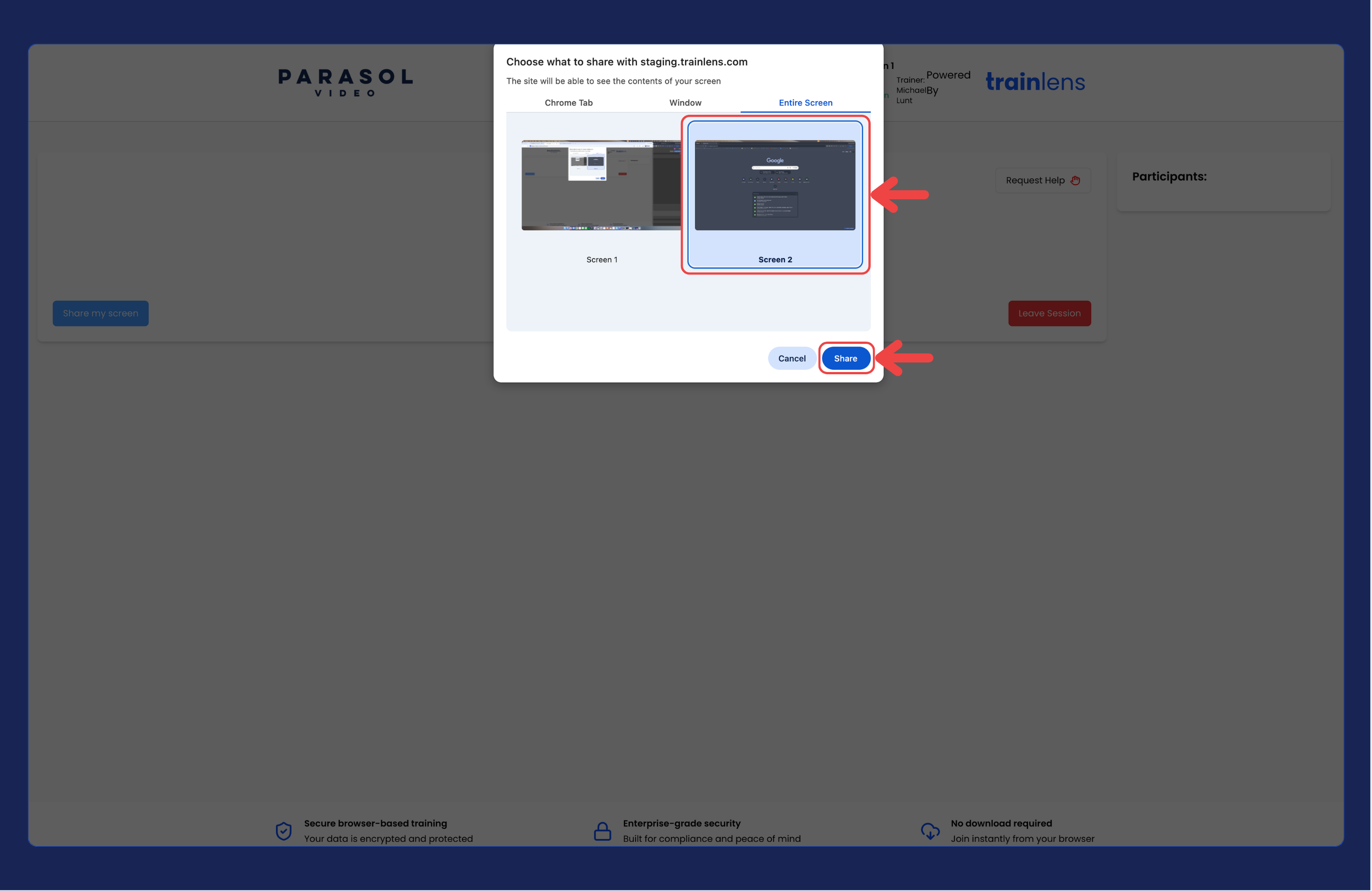 Trainee selecting a screen, window or browser tab in the browser sharing picker