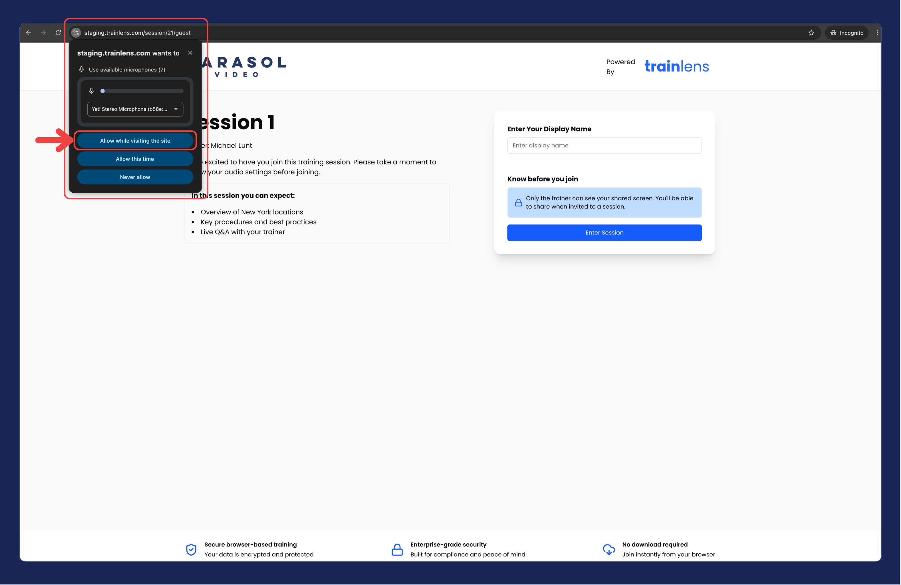 Microphone and sound permissions in browser for Train Lens