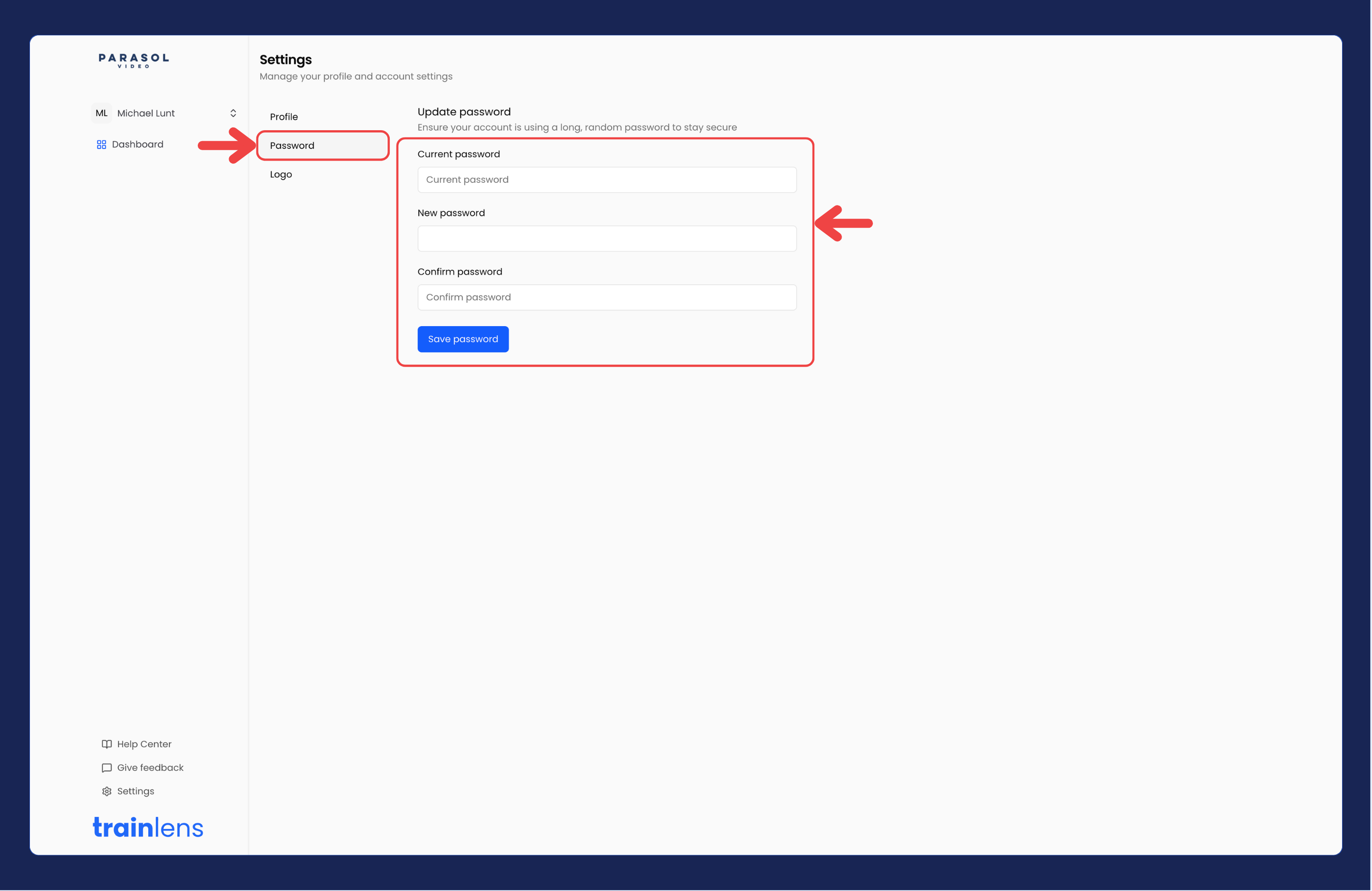 Trainer password update tab in the Train Lens settings