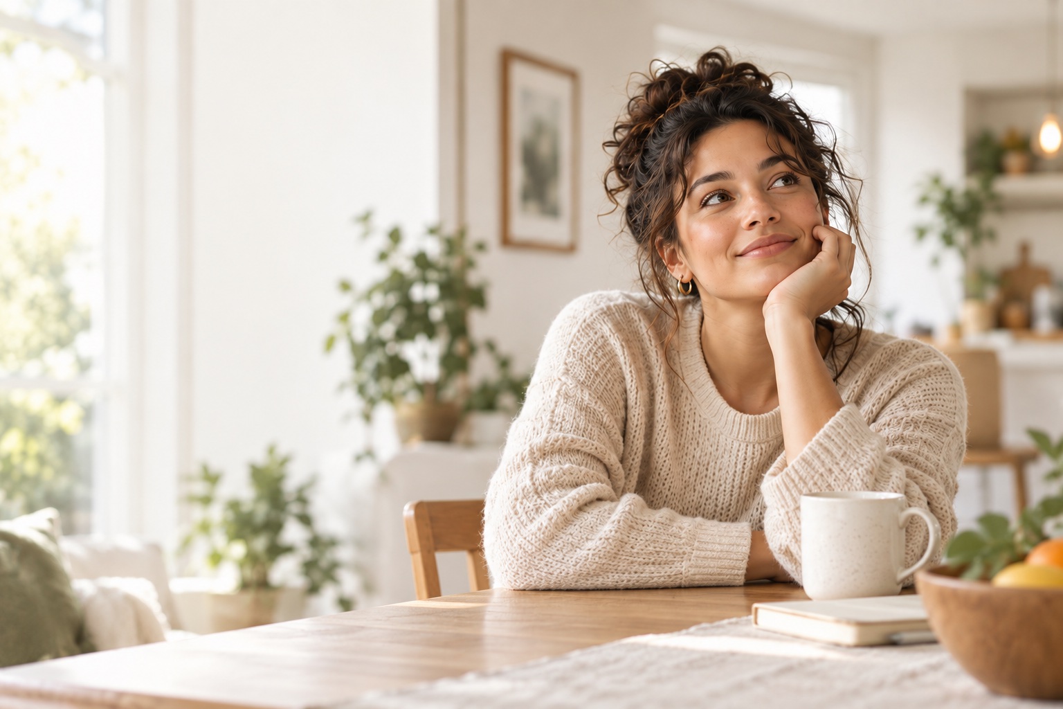 Illustrative portrait of an adult woman thoughtfully considering egg donation