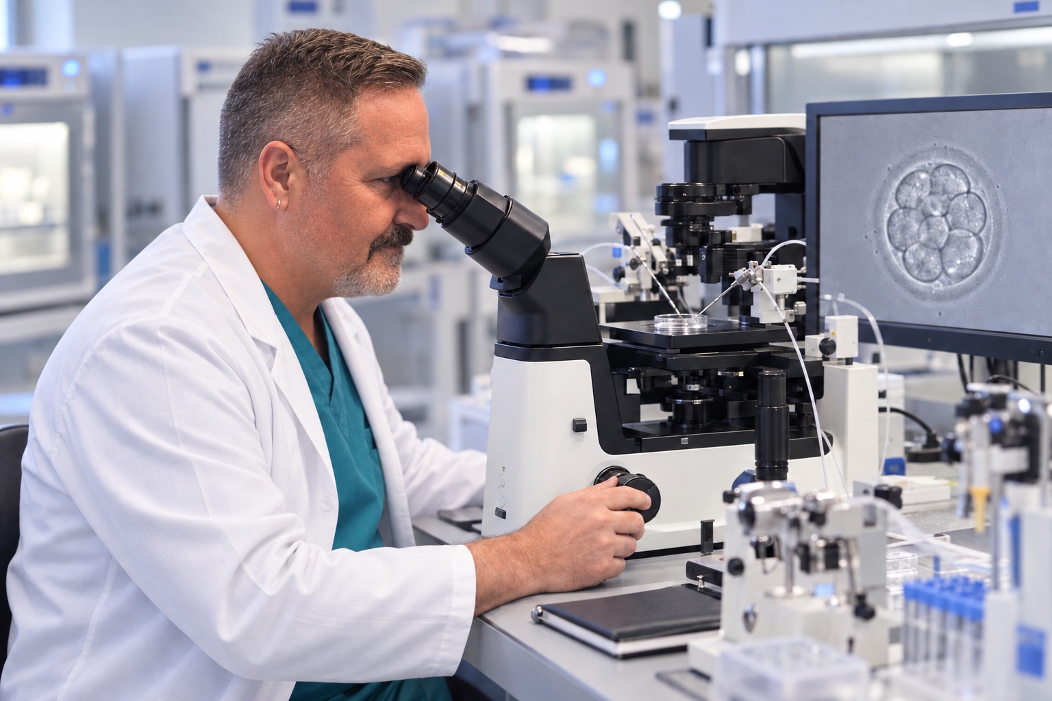 Dr. Levent Keskintepe reviewing an embryo through a laboratory microscope