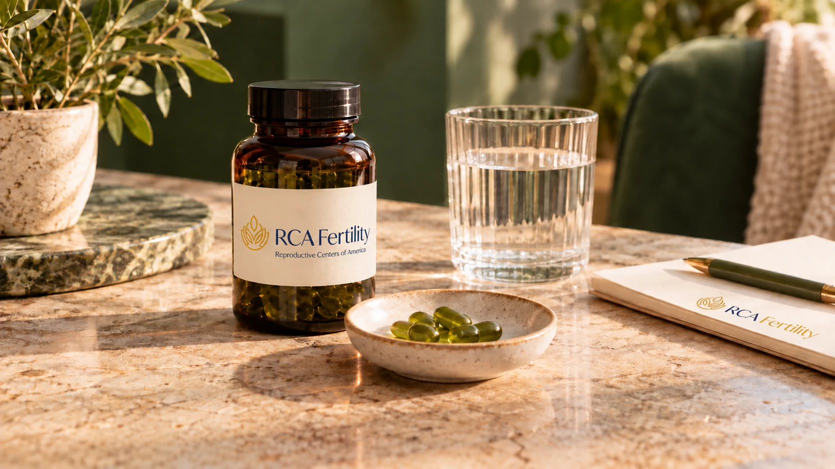 RCA Fertility bottle, small green softgels, water and a notebook