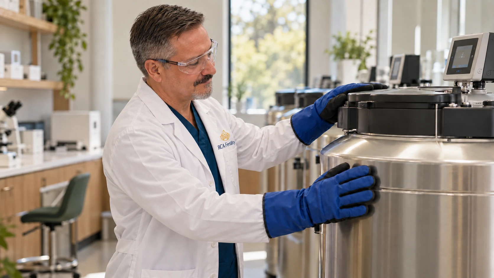 Dr. Levent beside a laboratory cryostorage tank