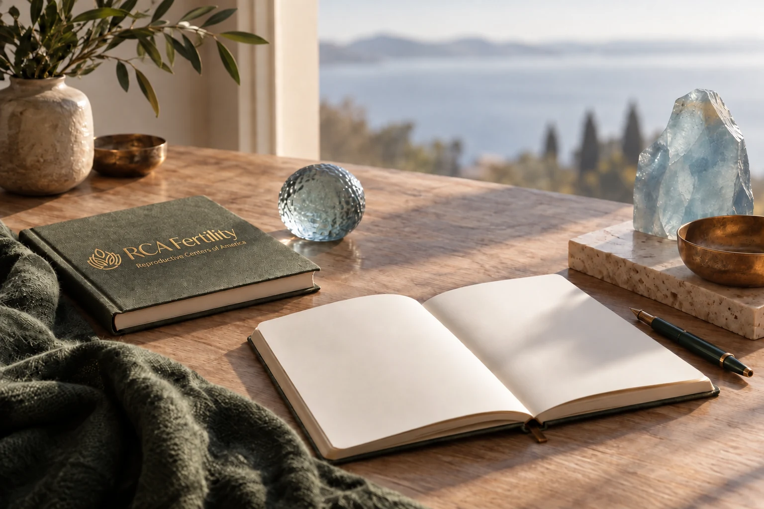 An RCA Fertility notebook on a sunlit desk