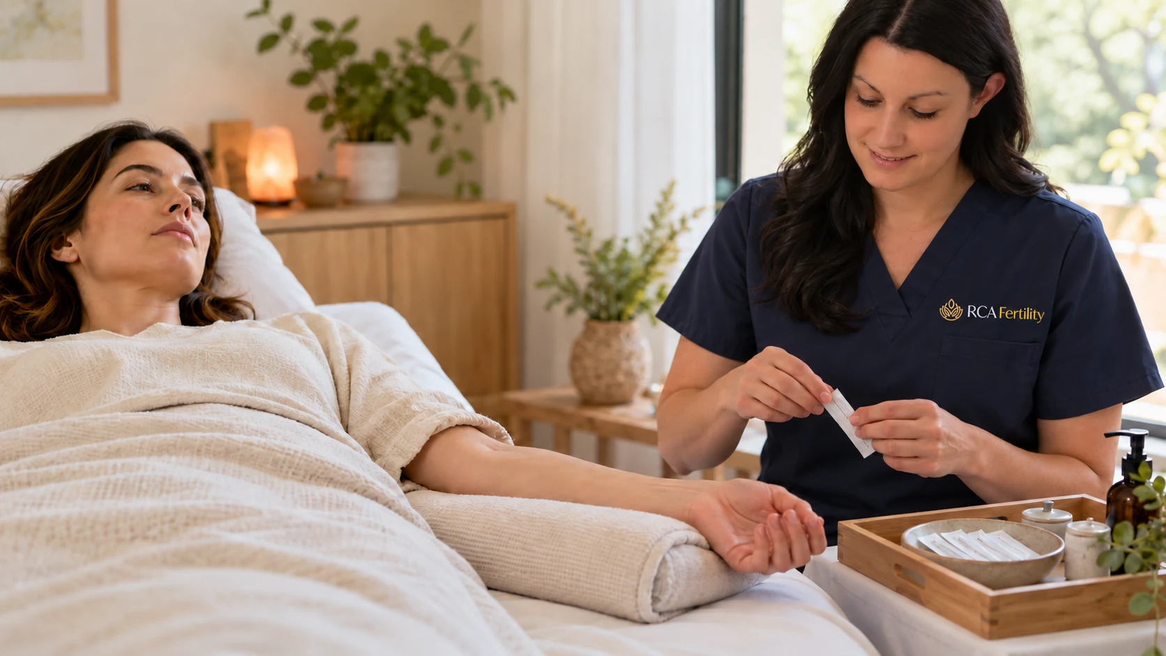 Sandy beside a reclining woman in an RCA care scene