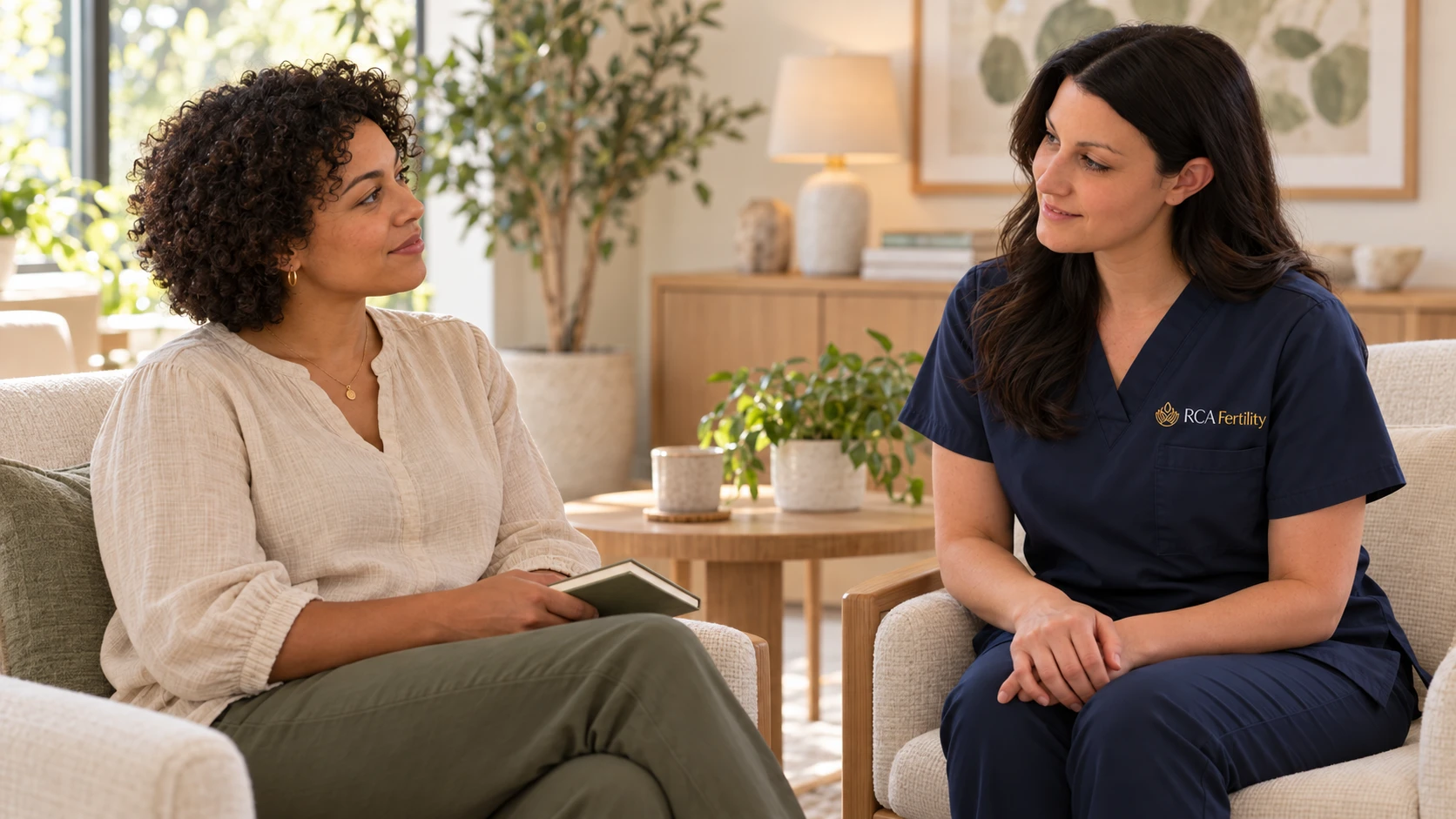 Sandy listening to a patient seated in the RCA clinic lounge