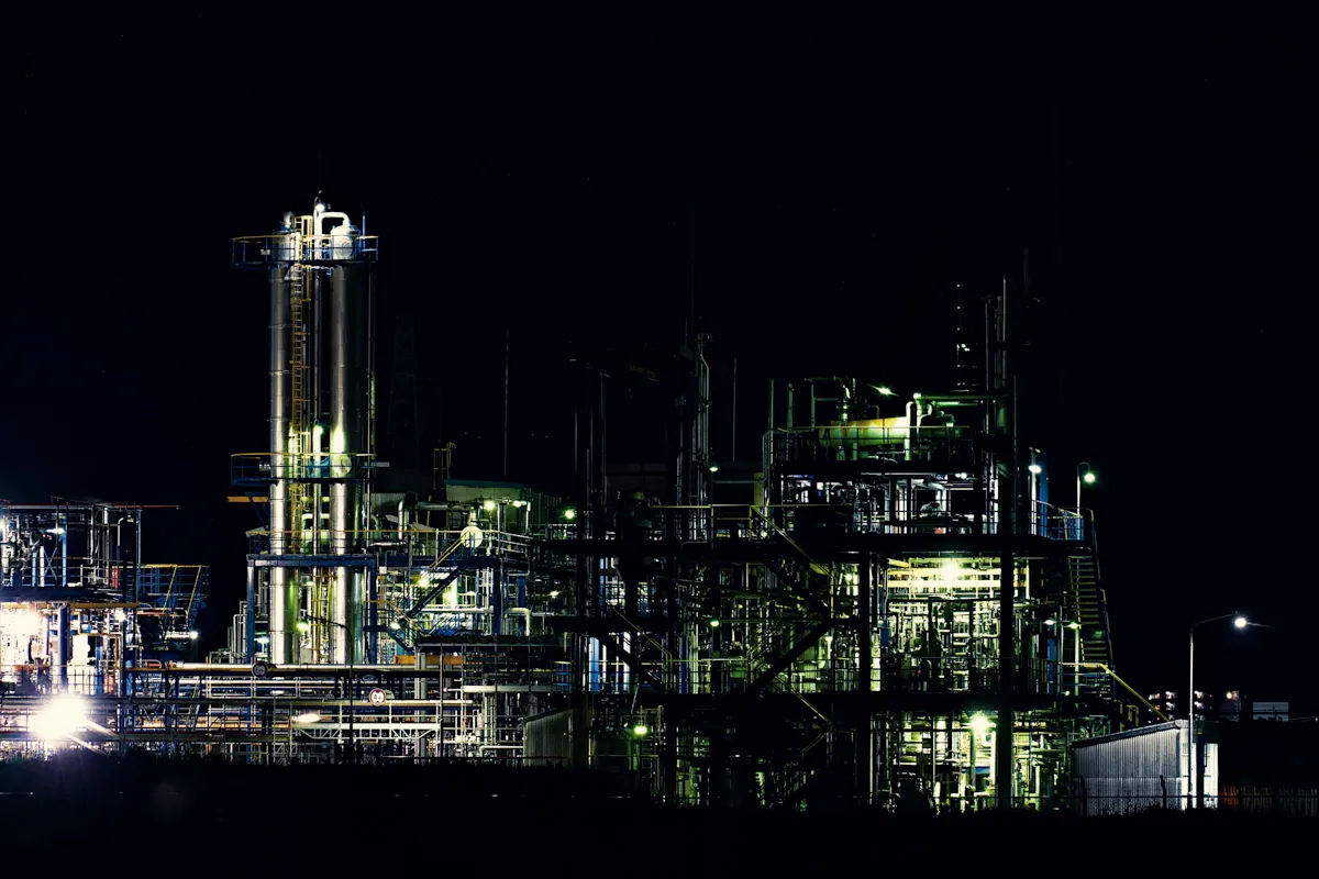 Processing facility illuminated at night