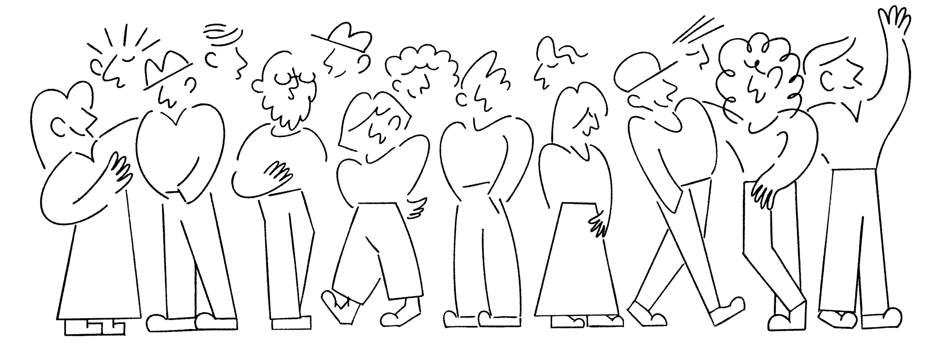 Black line drawing of ten abstract human figures standing in a row, each showing varied hairstyles, hats, and hand gestures, with expressions of chatting and interacting.