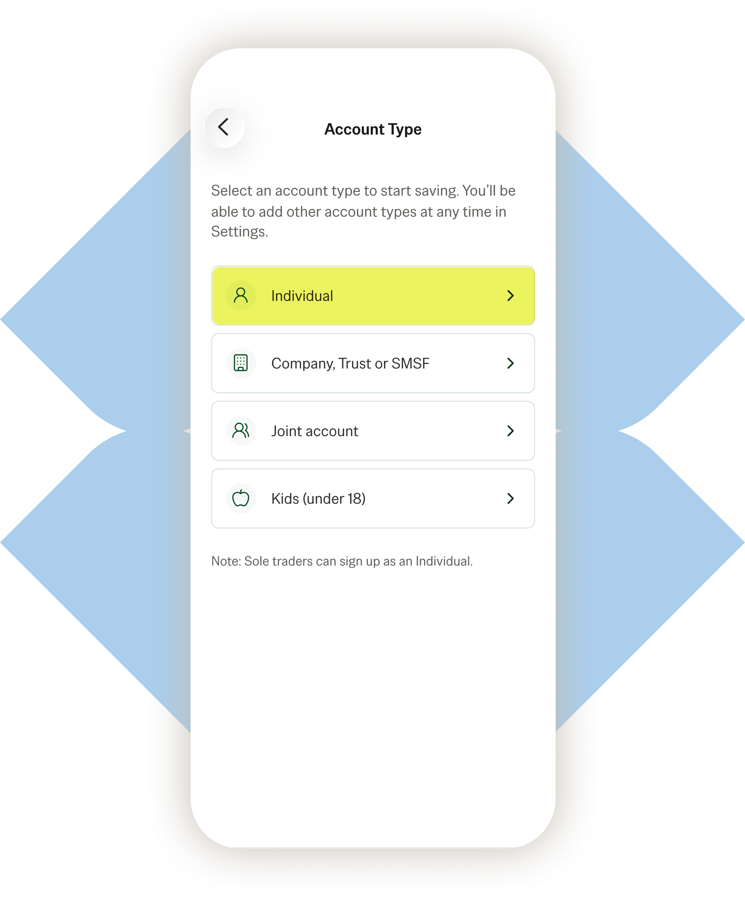 Blossom app account type screen