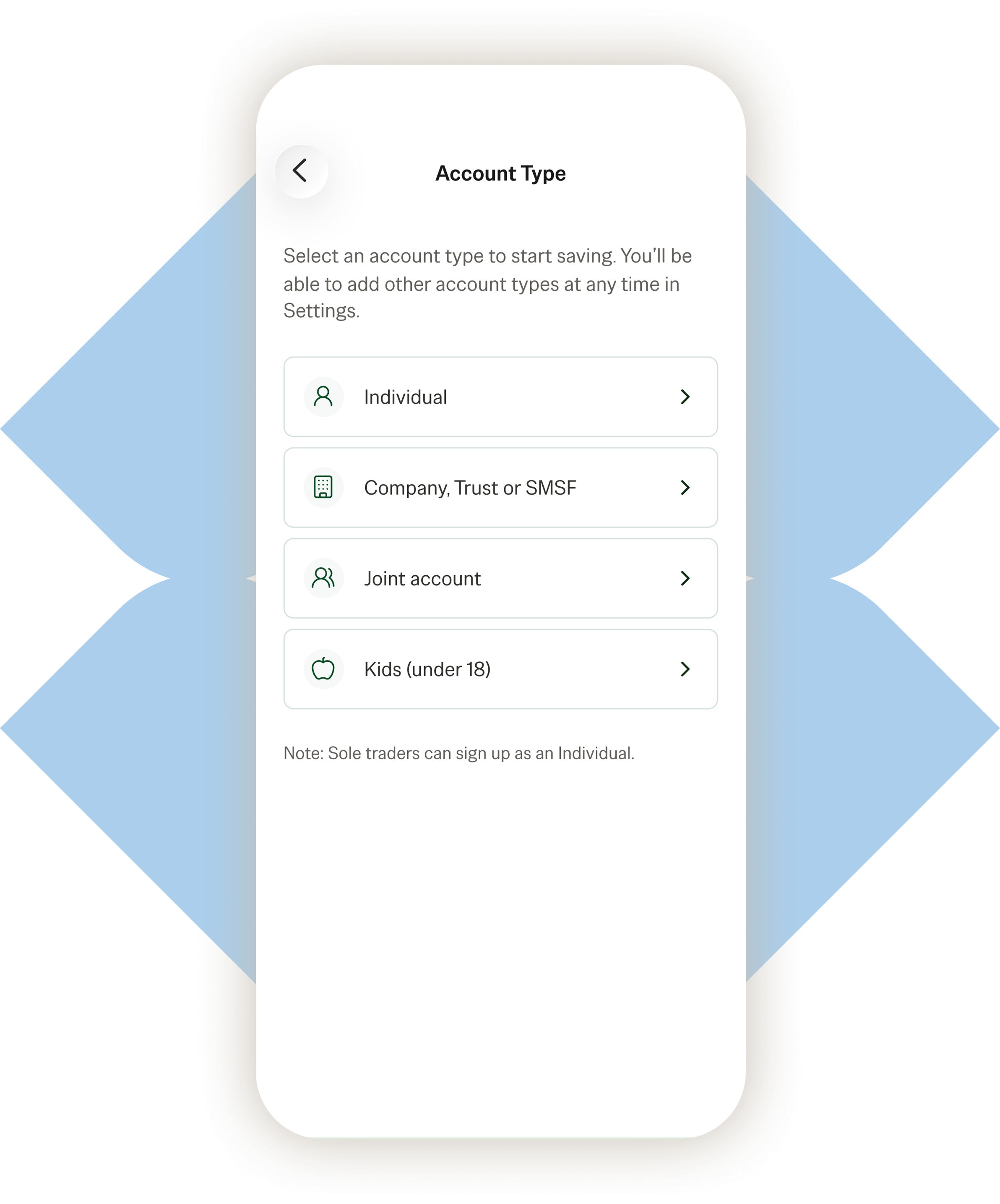 Blossom app account type screen