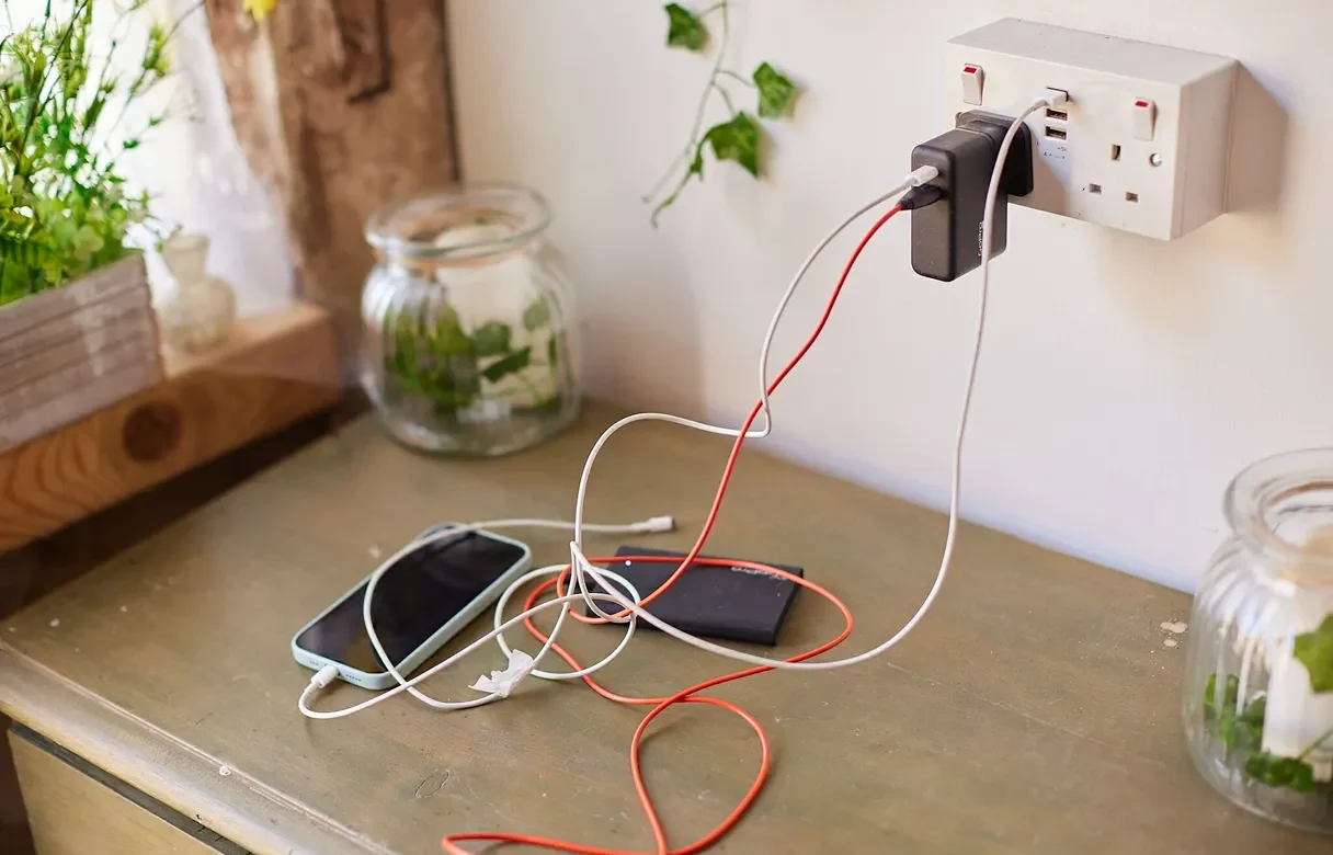 Two phones plugged into chargers on the wall, sitting on a worktop