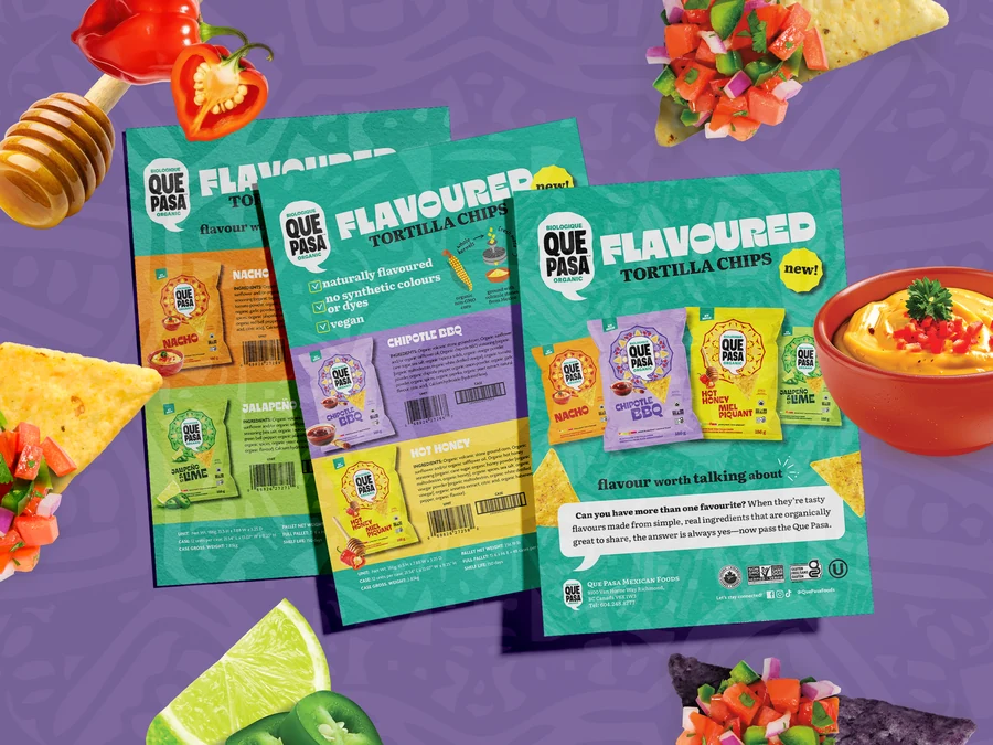 Que Pasa flavoured tortilla chips sell sheet with product bags