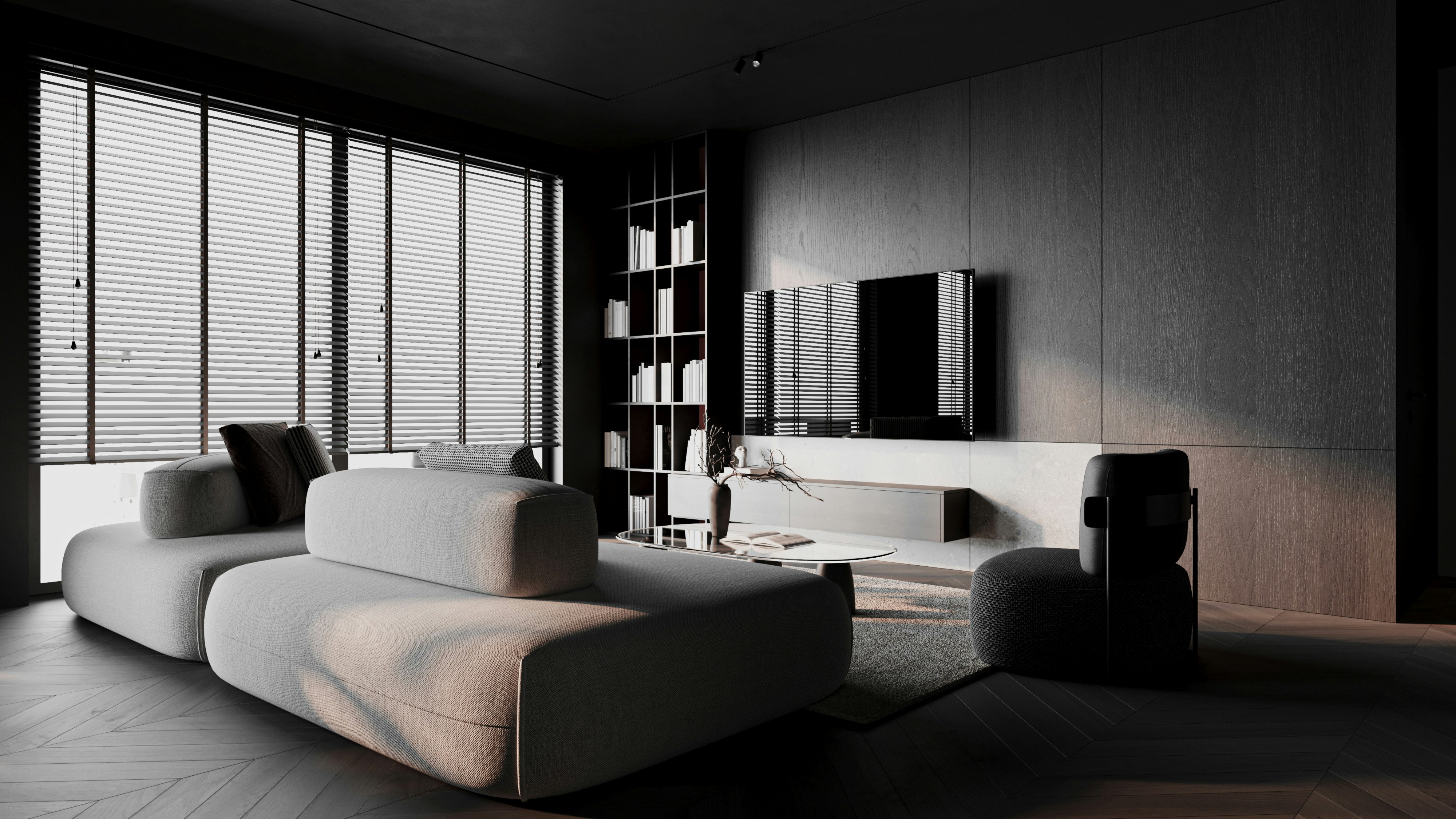 Modernes Wohnzimmer mit Jalousien und gedämpftem Licht