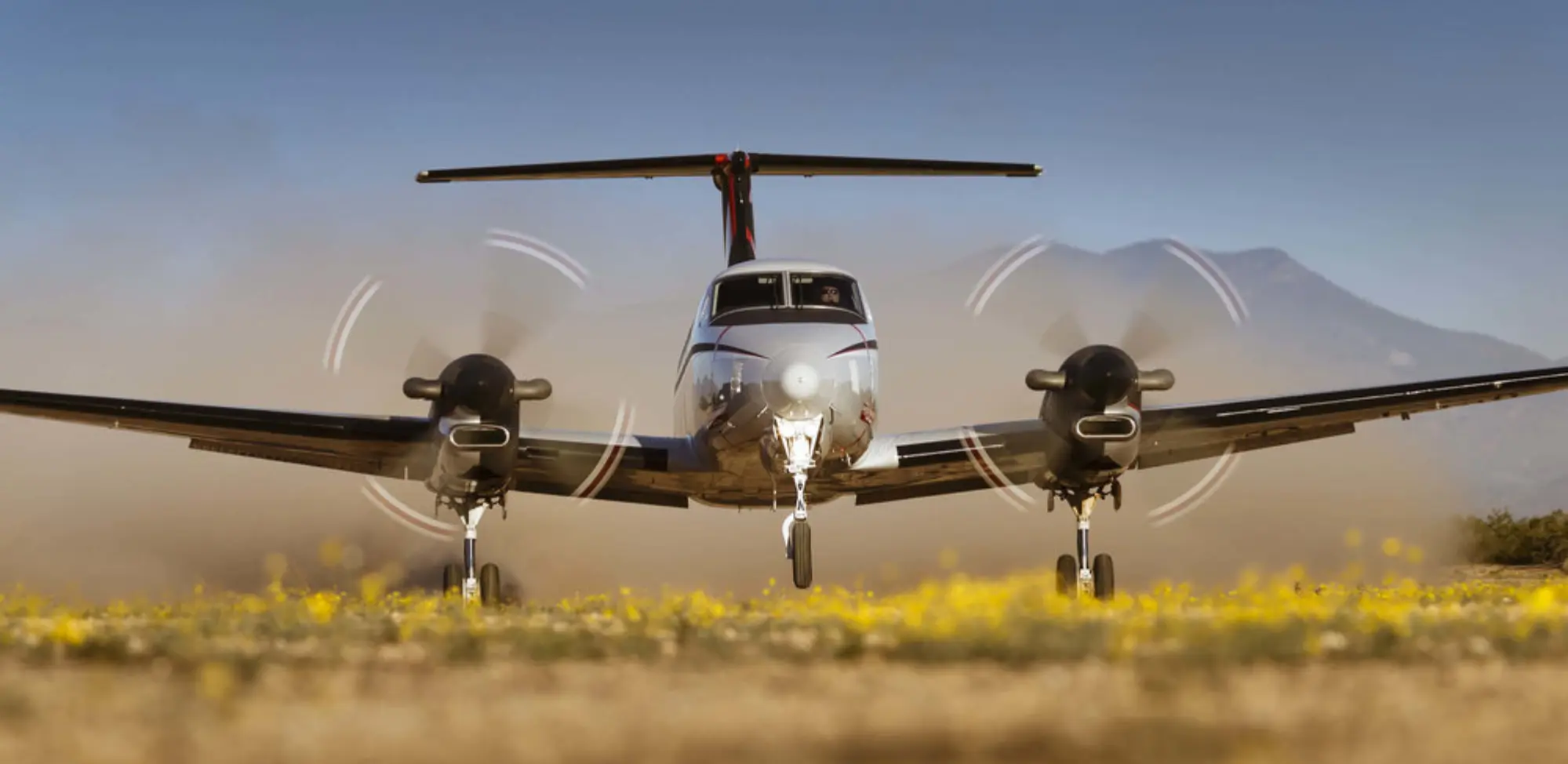 Twin-engine King Air taking off from a dusty airstrip with yellow wildflowers in the foreground
