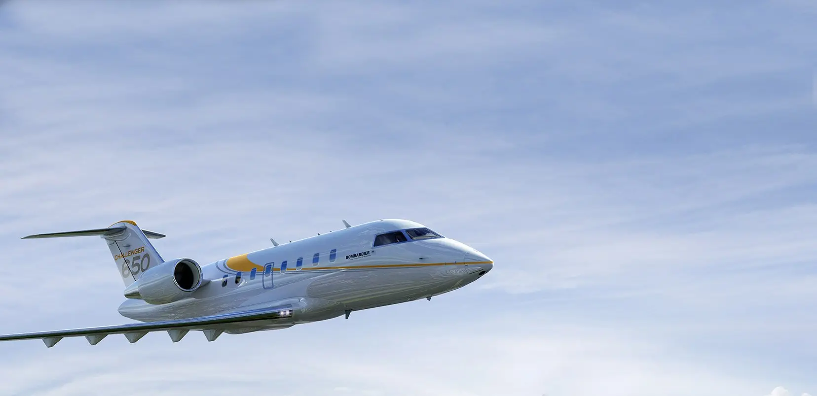 Bombardier Challenger 650 in flight against a cloudy sky