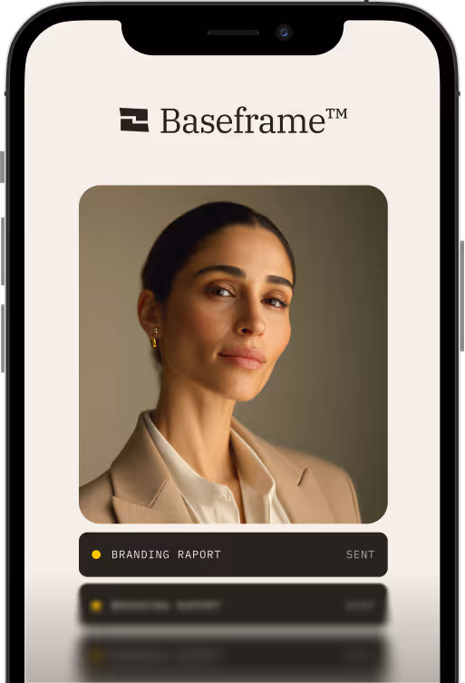 Smartphone screen showing Baseframe app with a professional woman’s portrait and a sent branding report notification.