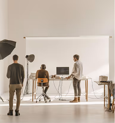 Three people in a studio setting with photography equipment and a computer on a table against a plain backdrop.