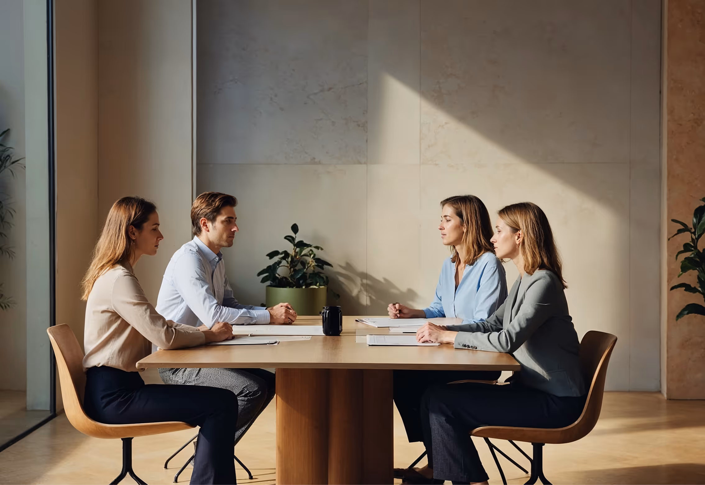 Four business professionals seated across from each other at a table in a modern office engaged in a meeting.