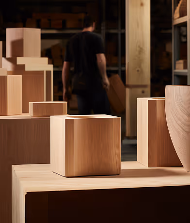 Various smooth wooden blocks and shapes on display in a workshop with a person blurred in the background.