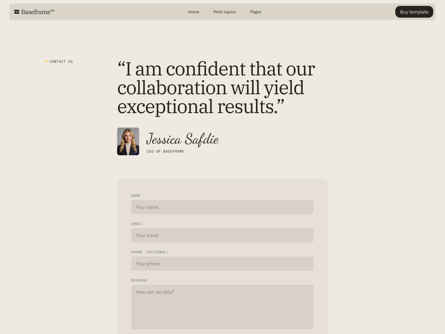 Contact form page with a quote from Jessica Safdie, CEO of Baseframe, stating confidence in exceptional collaboration results.