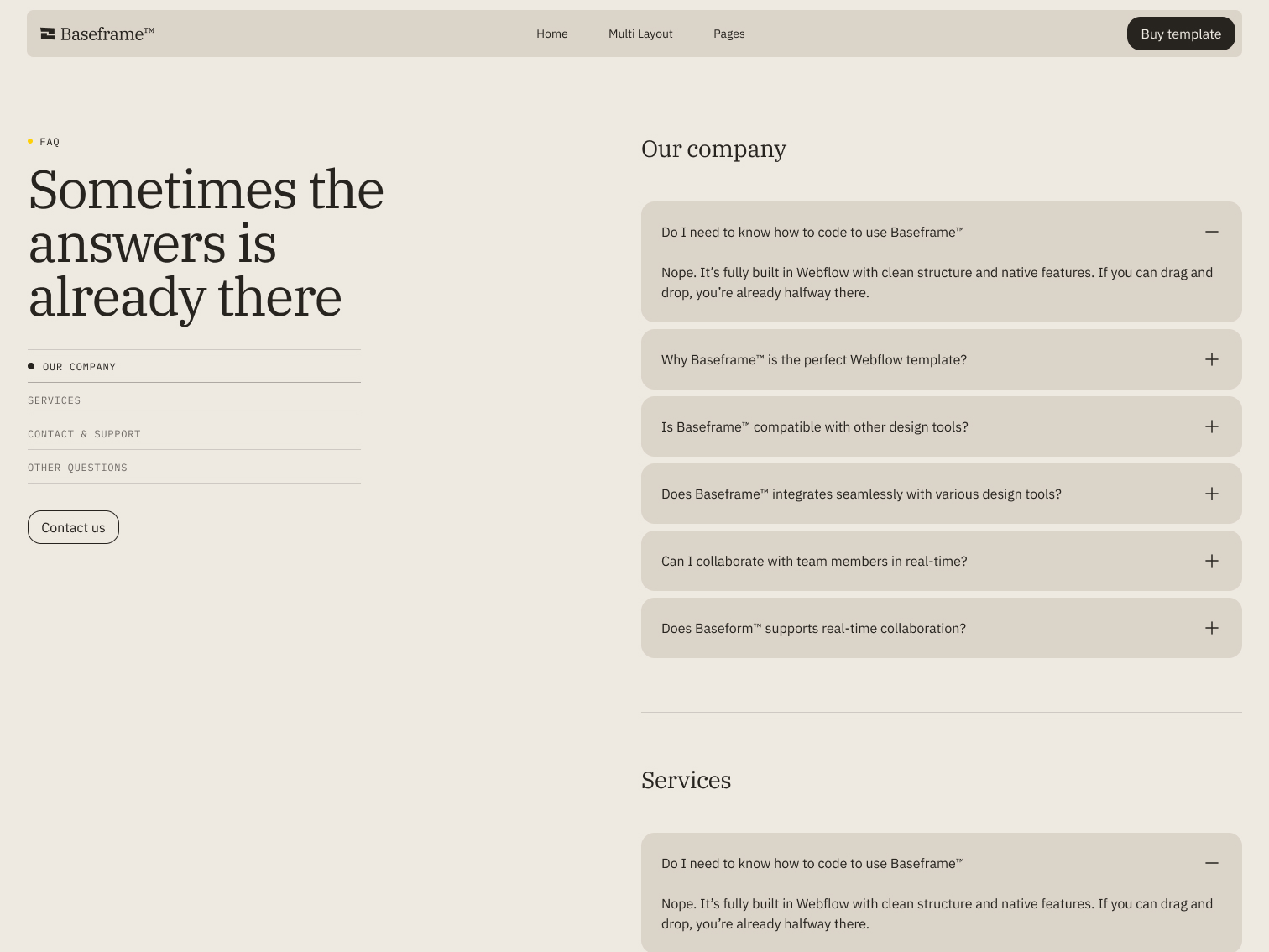 FAQ webpage layout with sections for Our Company and Services featuring expandable questions about Baseframe Webflow template usage and collaboration.
