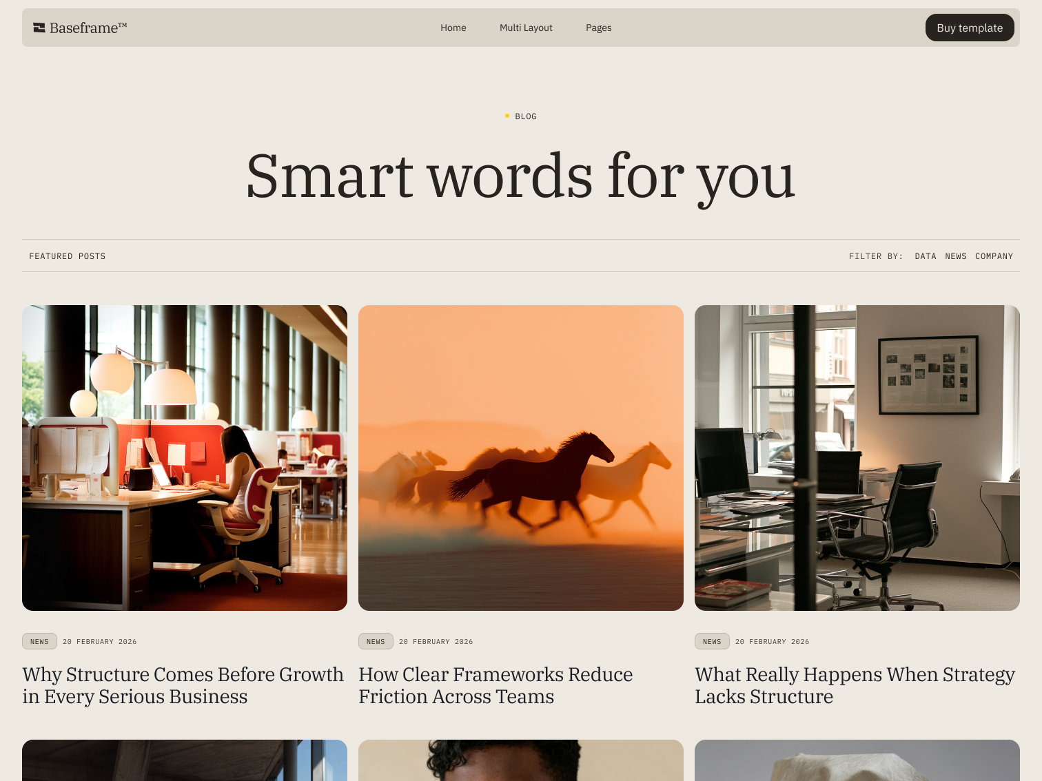 Blog homepage titled Smart words for you with featured posts including an office worker at a desk, running horses, and a modern office interior.