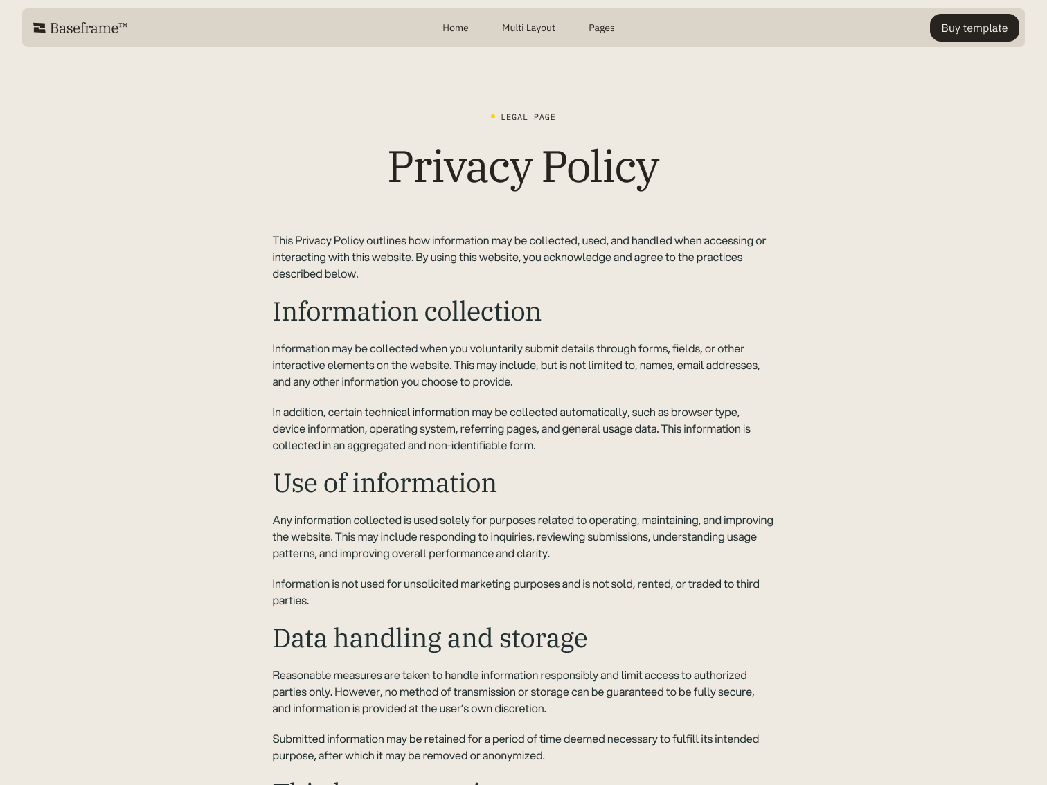 Website privacy policy page from Baseframe outlining information collection, use, and data handling.