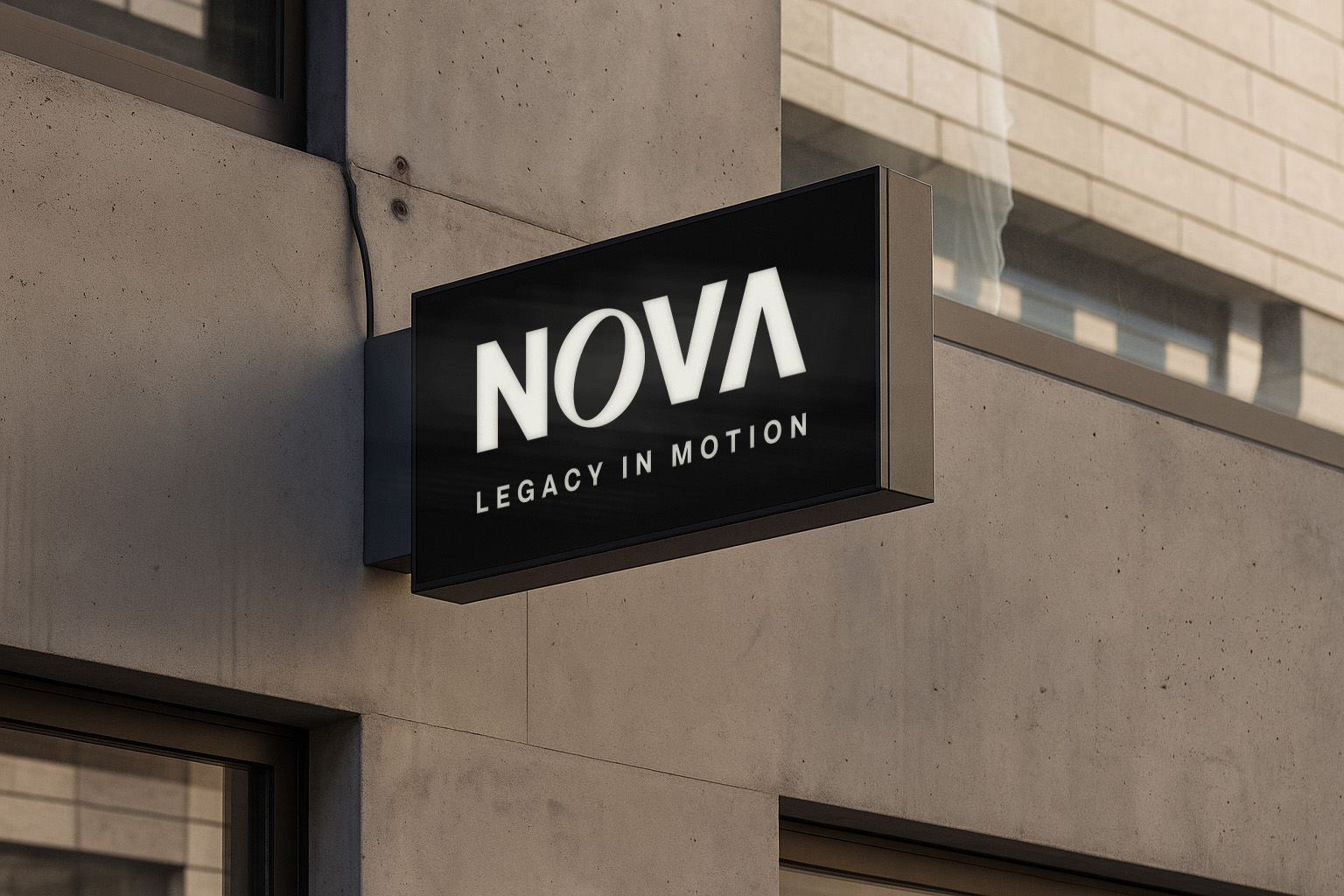 Nova — lit sign reading Legacy in Motion on a building facade
