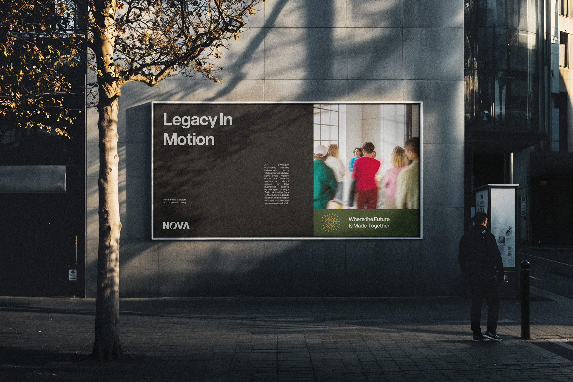 Nova — Legacy in Motion billboard with a group photograph