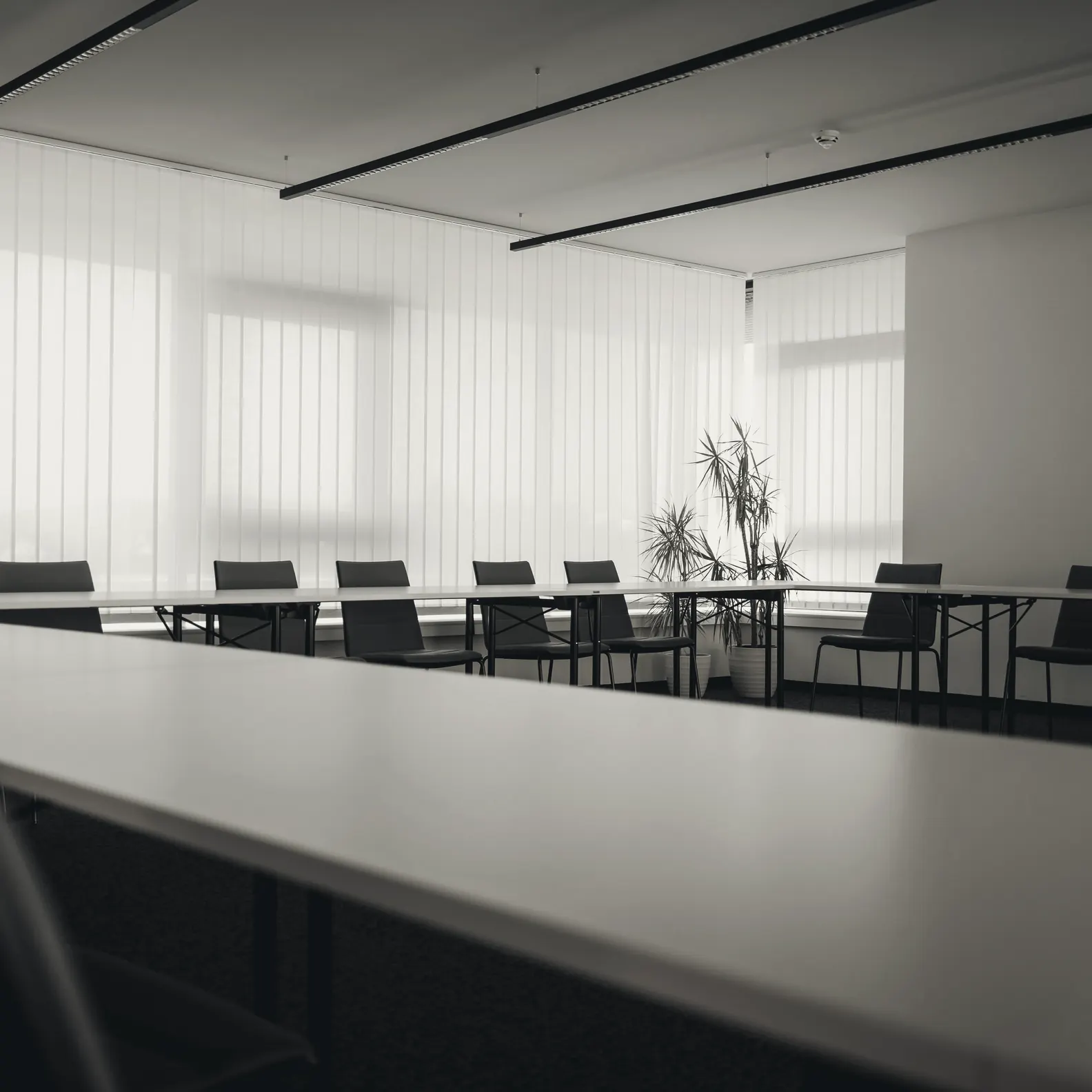 An empty boardroom with a long table, lit from one side